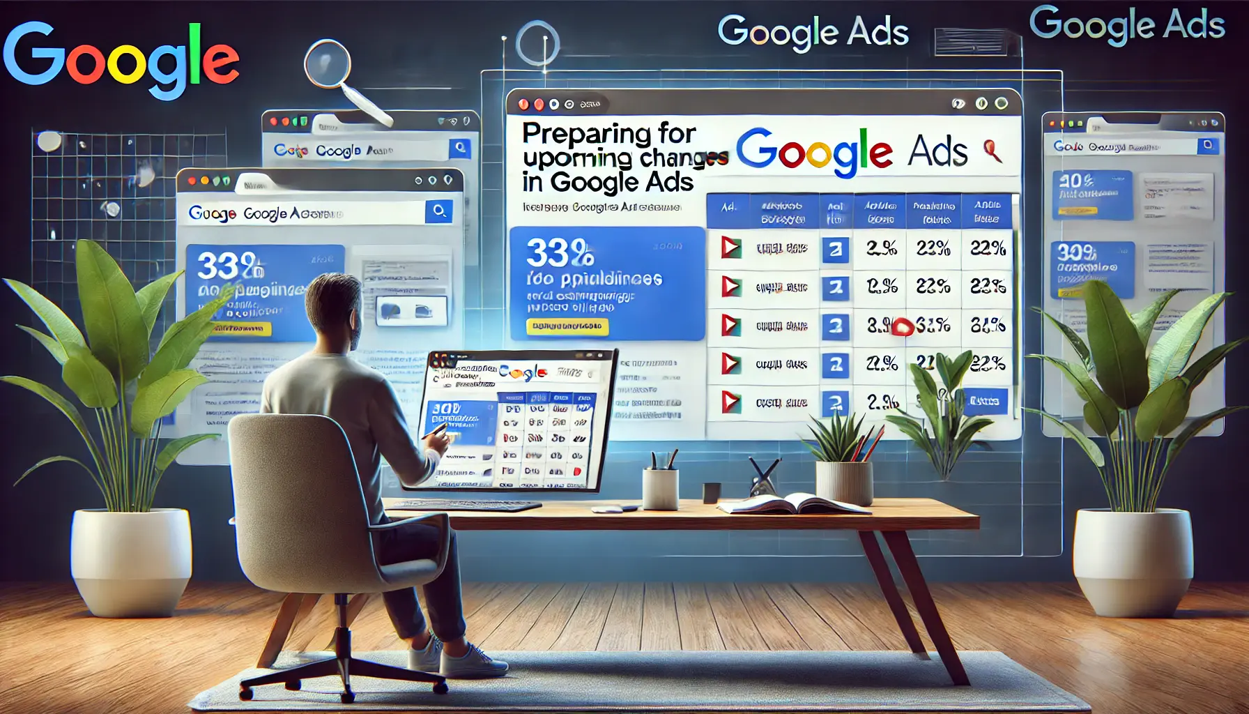 Digital marketer reviewing new ad policies and adjusting campaigns on a Google Ads dashboard.