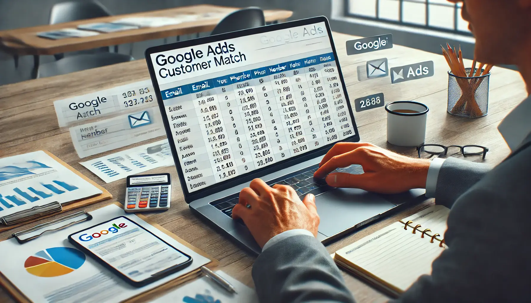 A digital marketer organizing customer data on a laptop in a professional workspace, with a spreadsheet displaying blurred customer details and notes nearby.