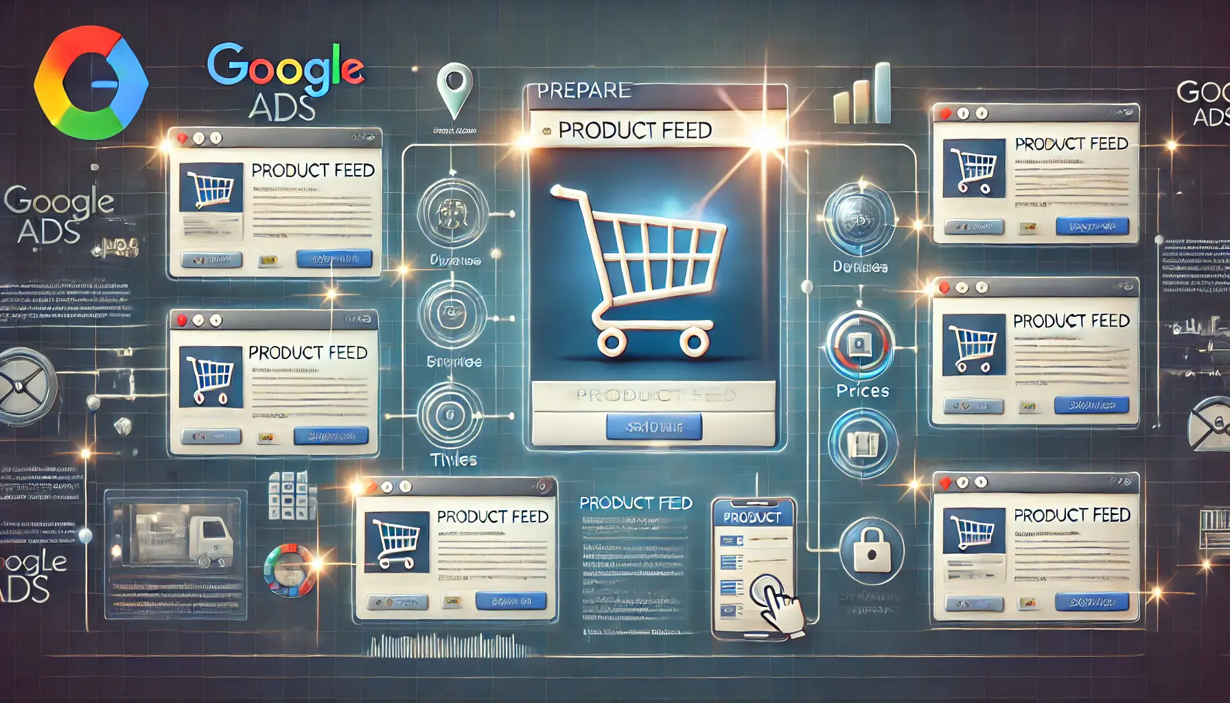 A professional visual depicting an organized product feed dashboard with details like titles, prices, and images, optimized for Google Ads shopping campaigns.