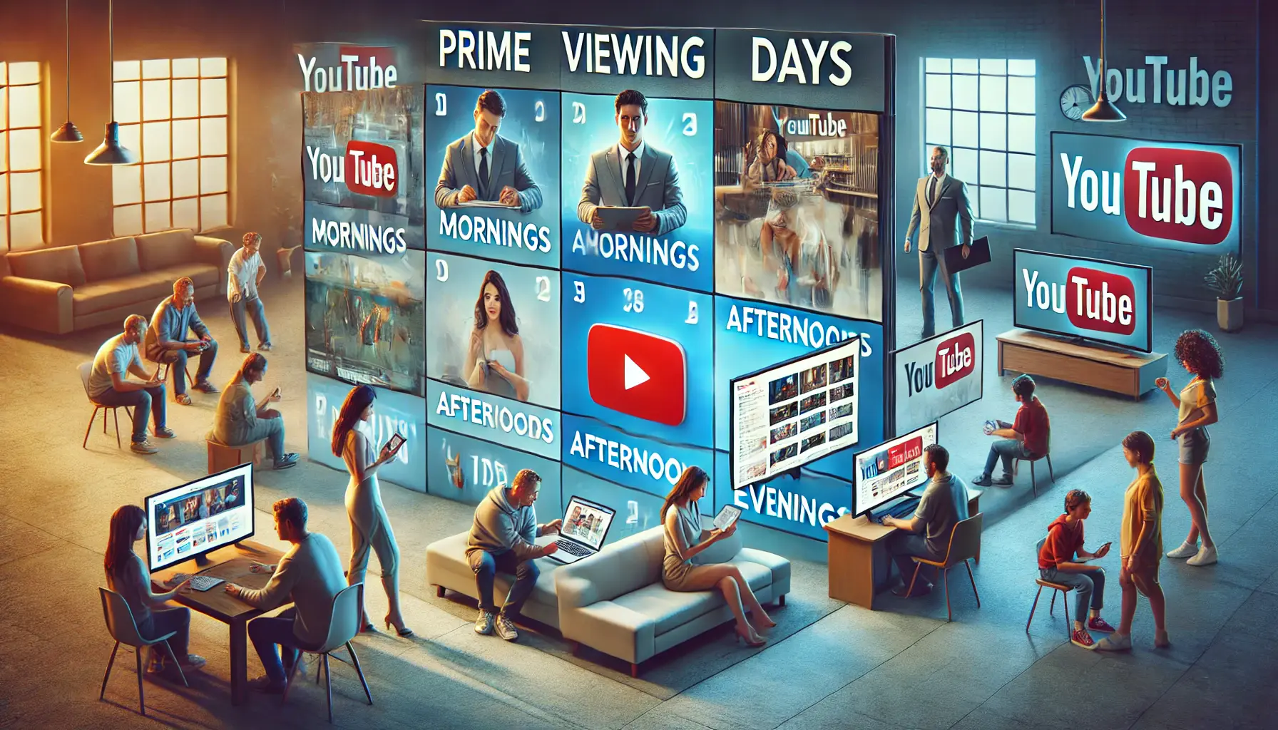 A divided calendar representing prime viewing hours for YouTube ads with morning, afternoon, and evening scenes showing different audiences engaged with content.