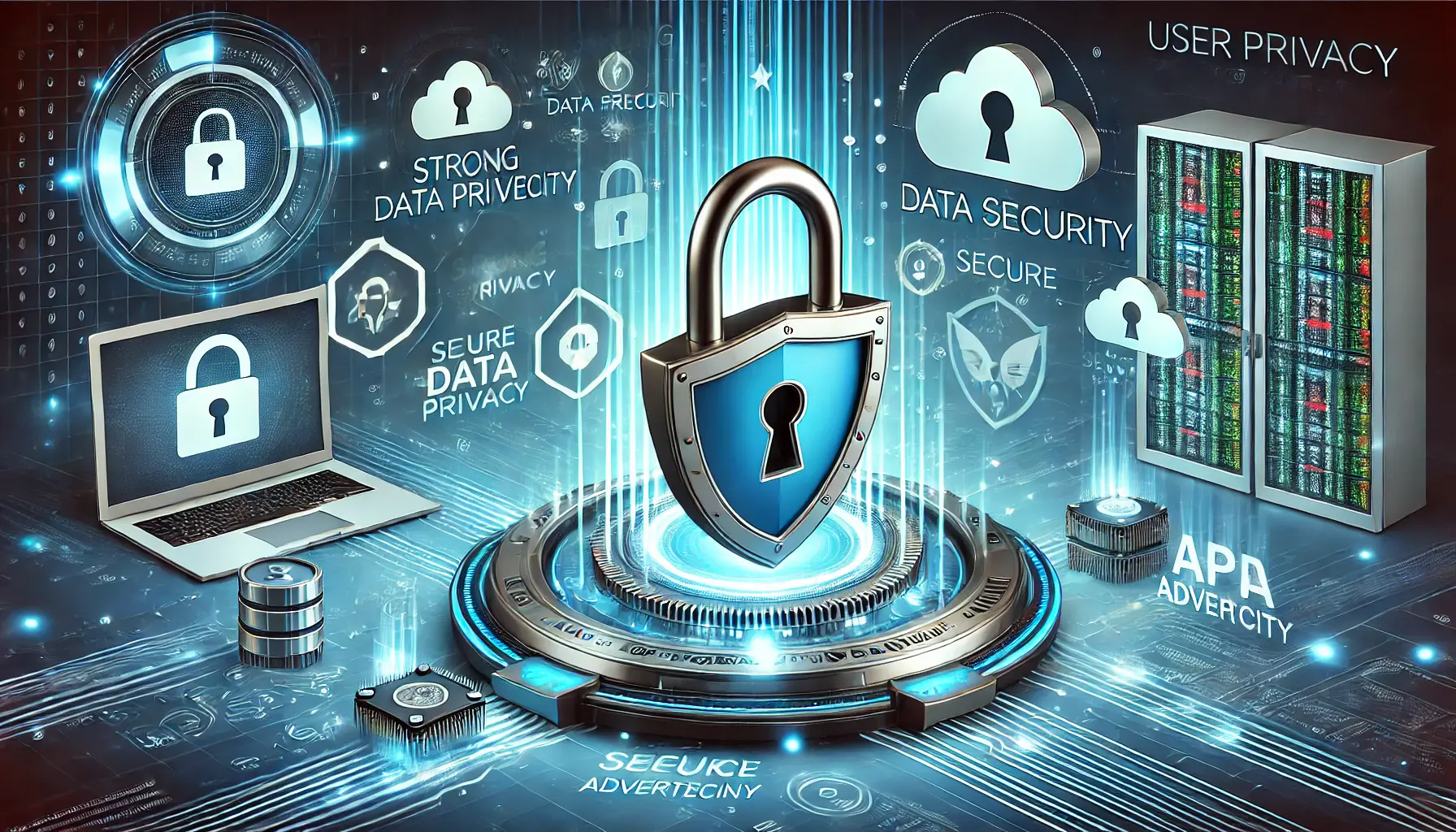 A locked shield symbolizing data protection with secure data transmission and encryption elements in the background.