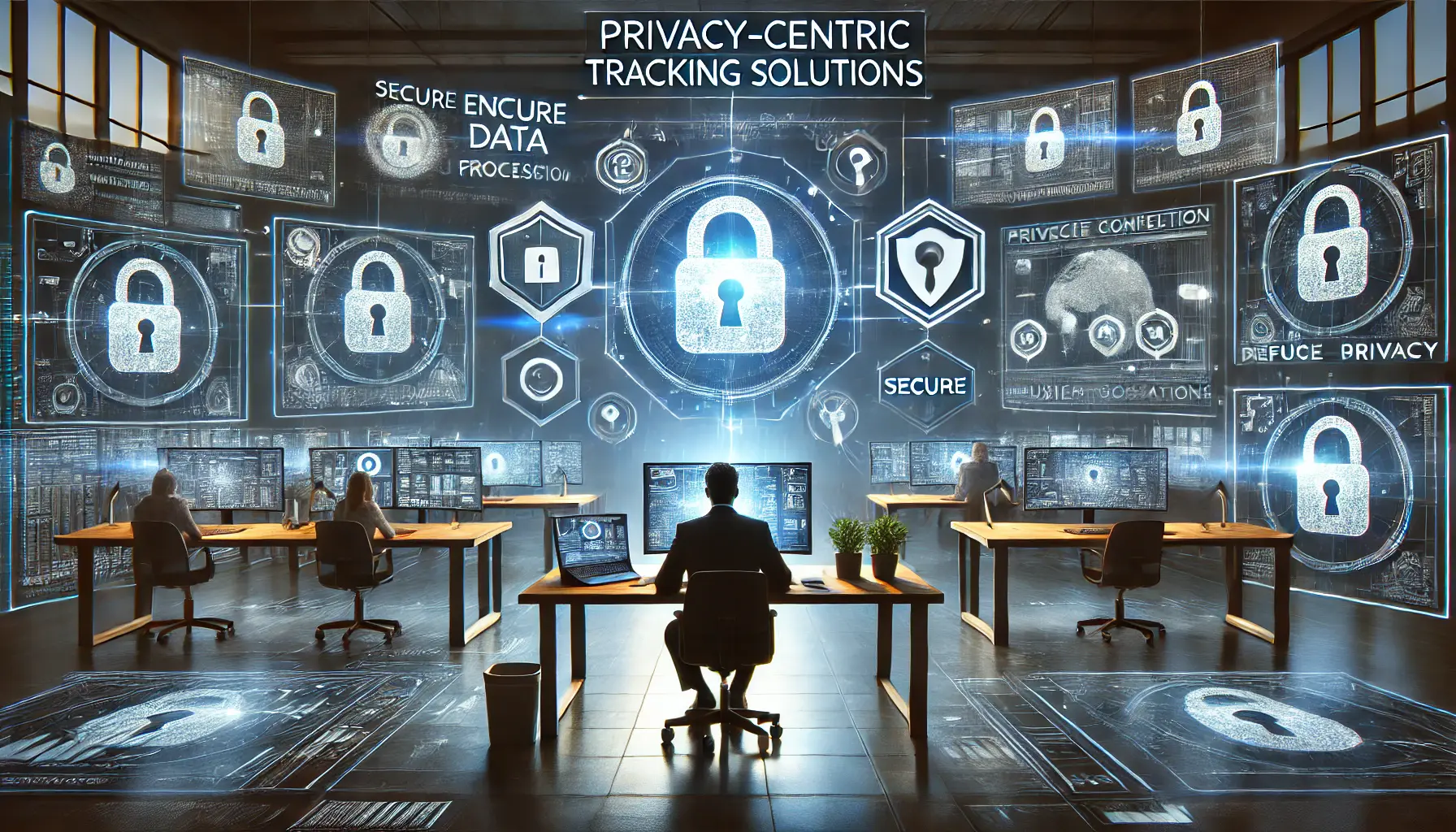 An image showing a marketer working in a high-tech workspace with screens displaying secure data processing, encryption, and privacy-compliant tracking systems.