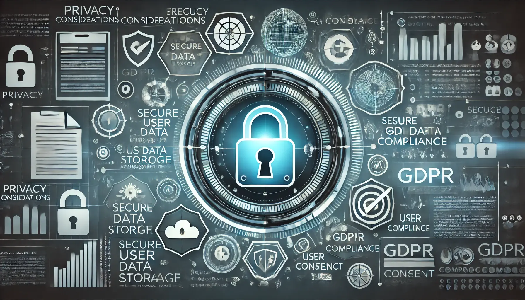 An image representing privacy considerations and compliance in digital marketing, featuring secure data symbols and privacy icons.