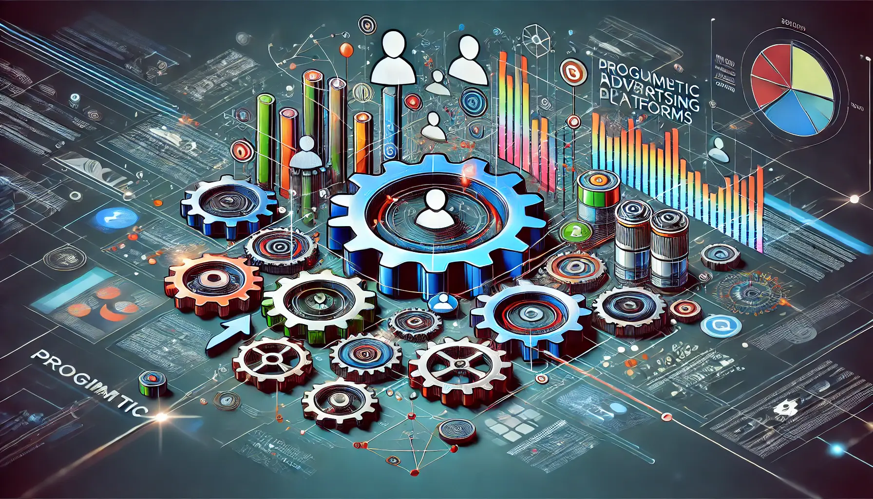 An abstract illustration symbolizing programmatic advertising platforms, with elements like gears, data streams, and targeted user profiles representing automated precision in ad buying.