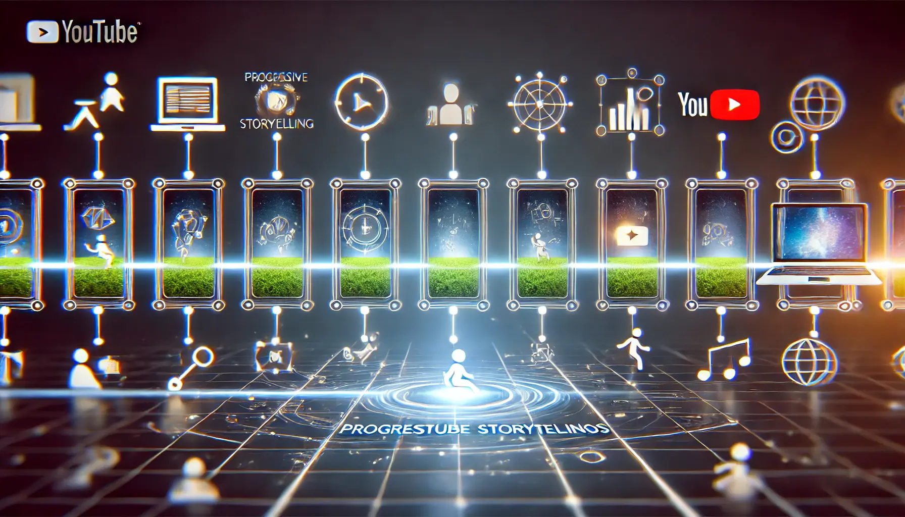 A series of connected frames on a timeline symbolizing progressive storytelling in YouTube ads, with visual cues representing key moments in the narrative.