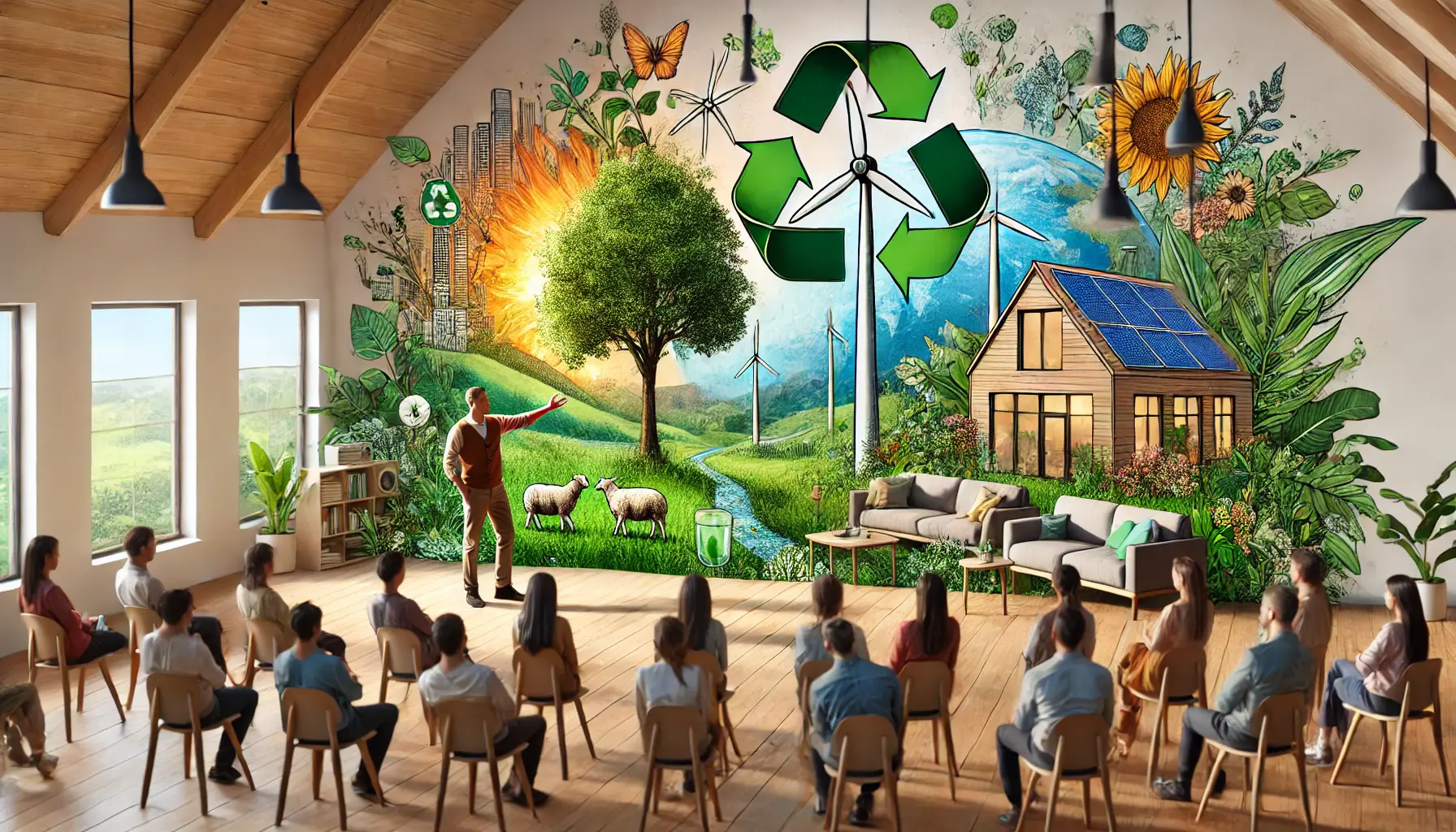 A storyteller sharing a story with an audience in a natural, eco-friendly environment, surrounded by green plants, renewable energy elements, and sustainable practices.