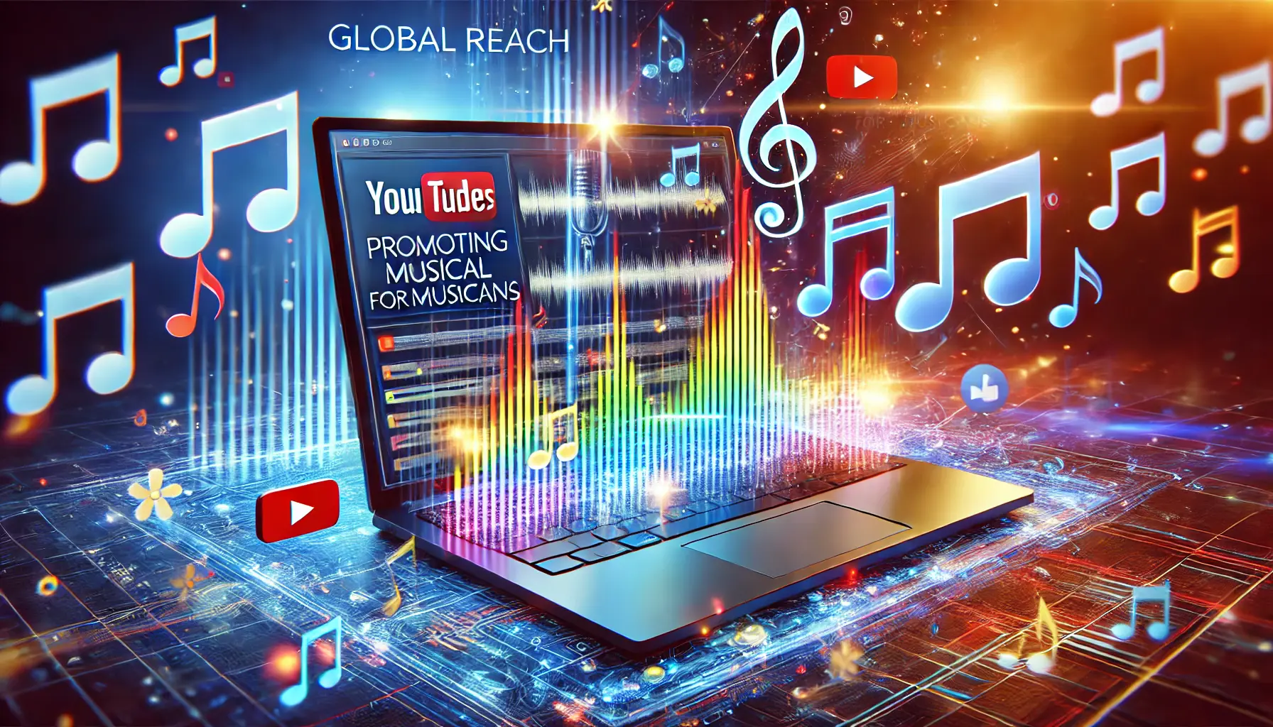 A laptop showcasing a music platform interface with vibrant soundwaves and musical notes, representing digital music promotion. The background includes subtle Google Ads and YouTube icons in an abstract digital setting.