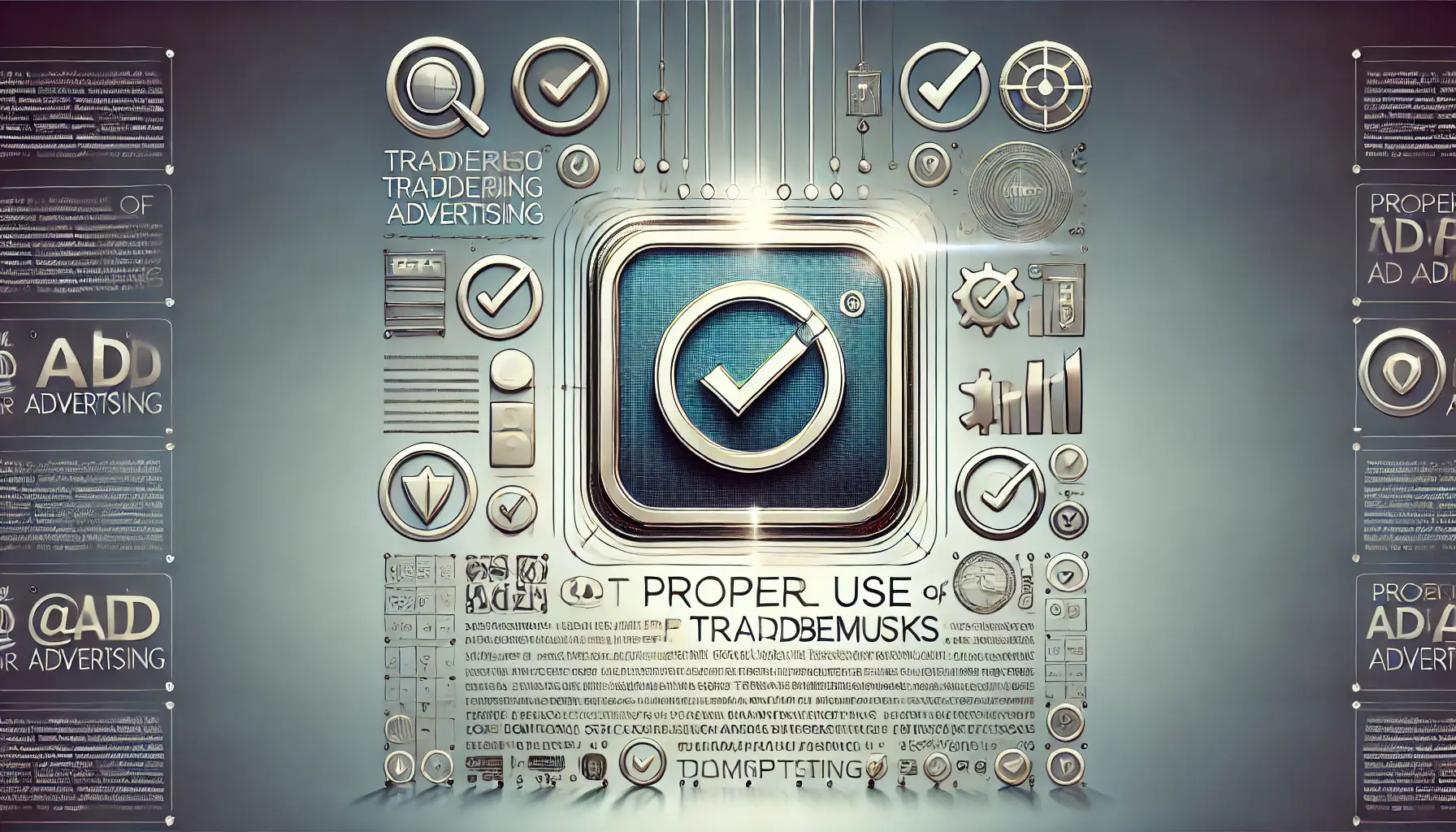 An abstract illustration showing proper use of trademarks in ad text with compliance symbols.