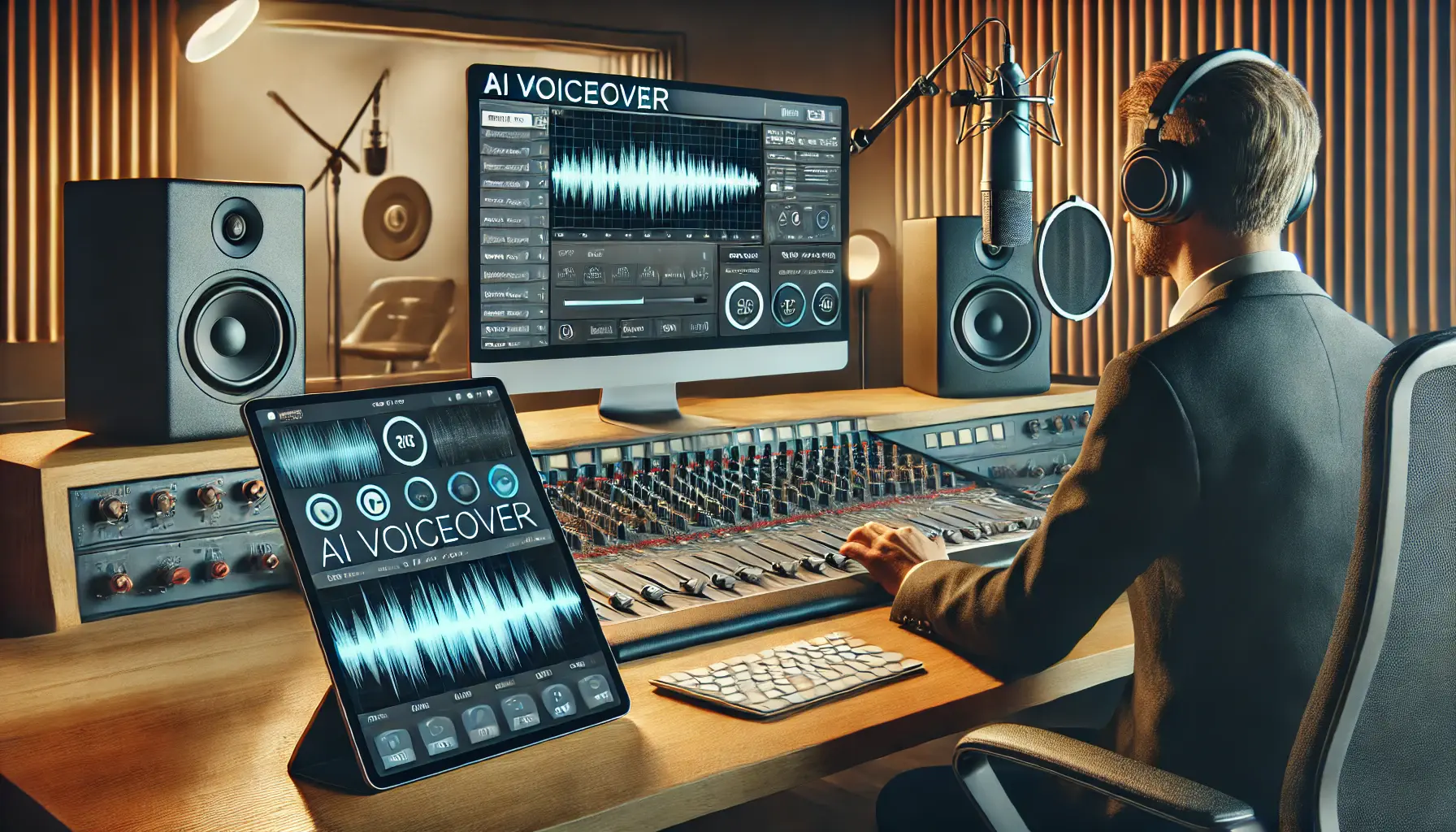 A sound engineer using AI voiceover software on a computer, with waveform analysis and a recording booth in the background.