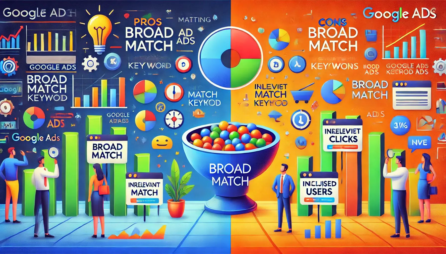 A balanced visual representation contrasting the positive results of broad match keywords with successful ad campaigns and the negative effects of irrelevant clicks and declining metrics.