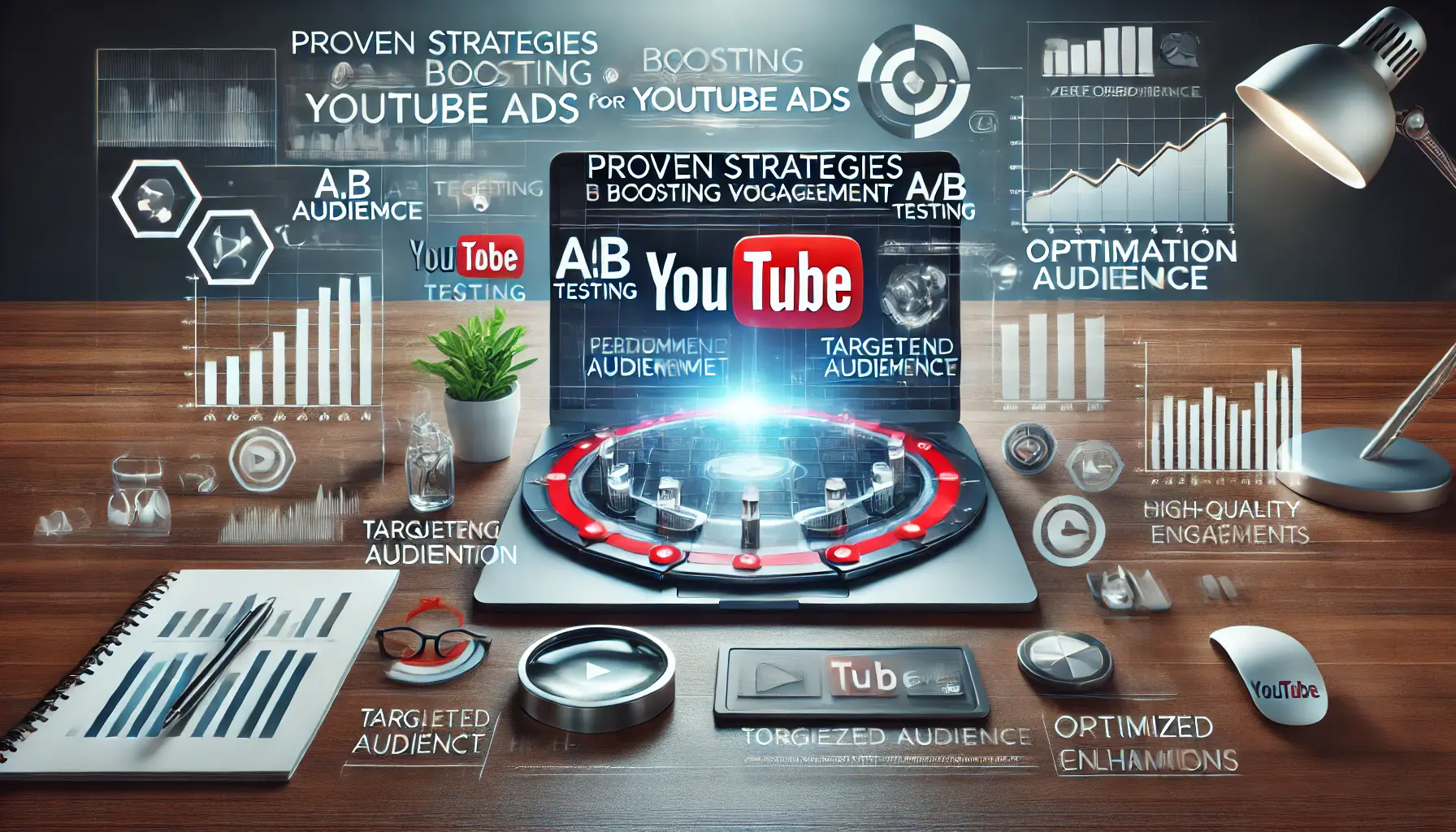 An illustration of a digital workspace showing proven strategies for boosting viewer engagement for YouTube Ads, including performance graphs, audience segmentation, and optimization tools.