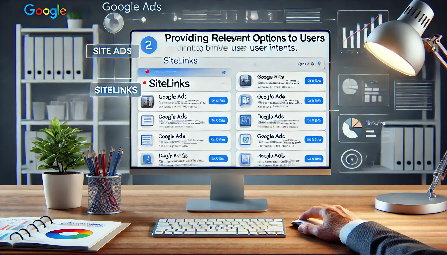 A Google Ads interface displaying an ad with multiple sitelinks linking to various website sections, emphasizing relevance.