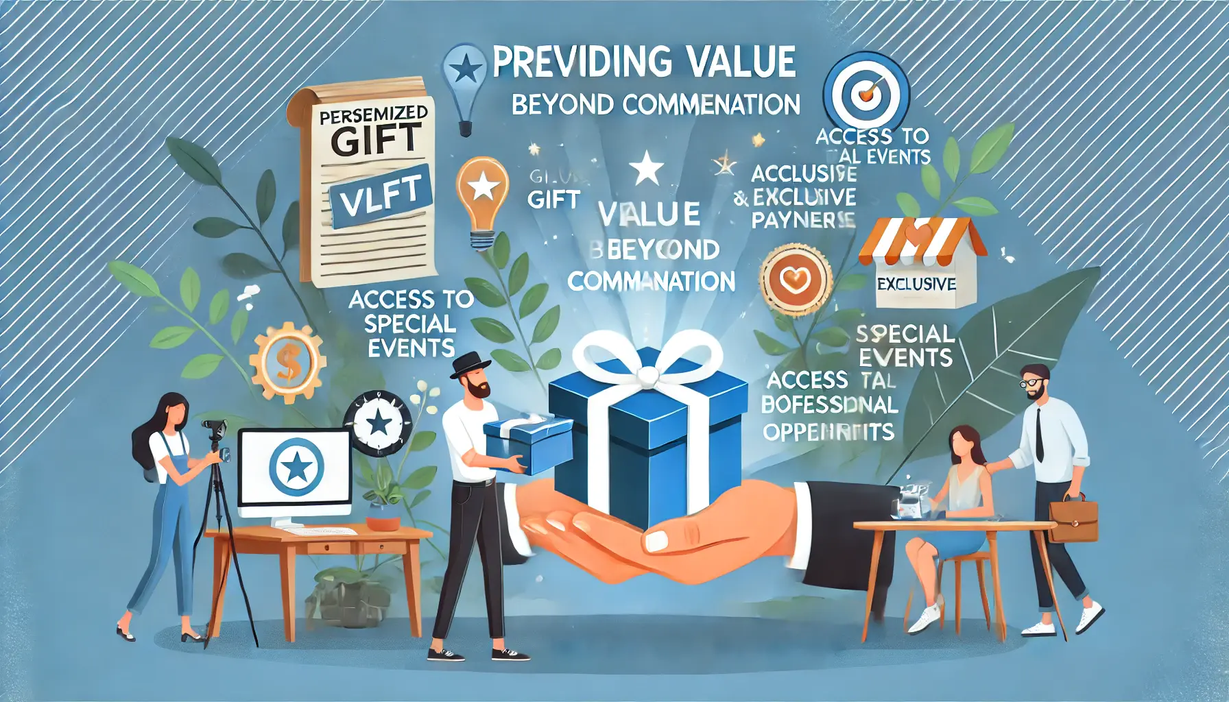 An illustration showing a marketer offering a personalized gift and exclusive access to a content creator, symbolizing value beyond monetary compensation.