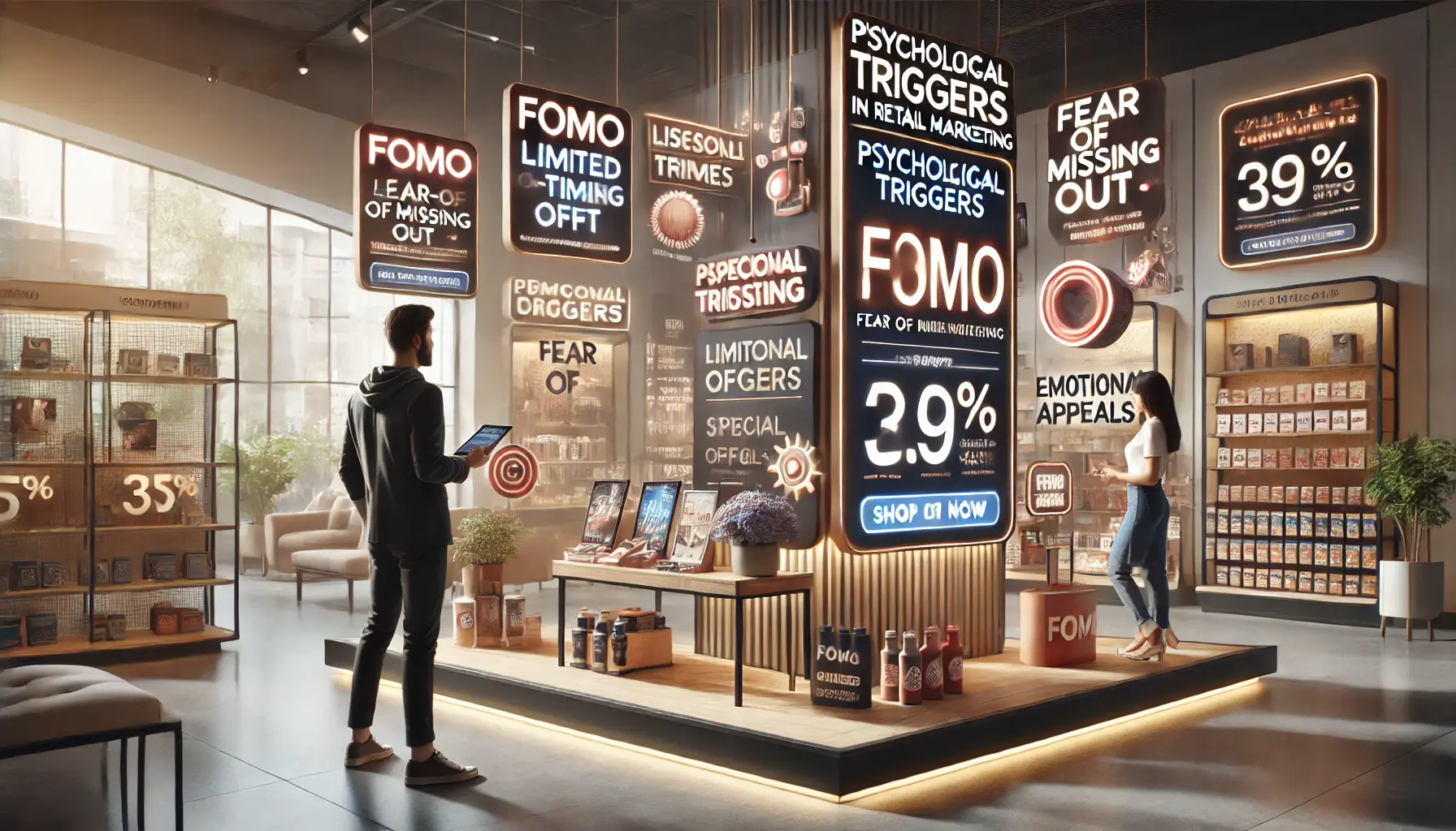 Shopper influenced by psychological triggers in a retail store with promotional display and limited-time offers.