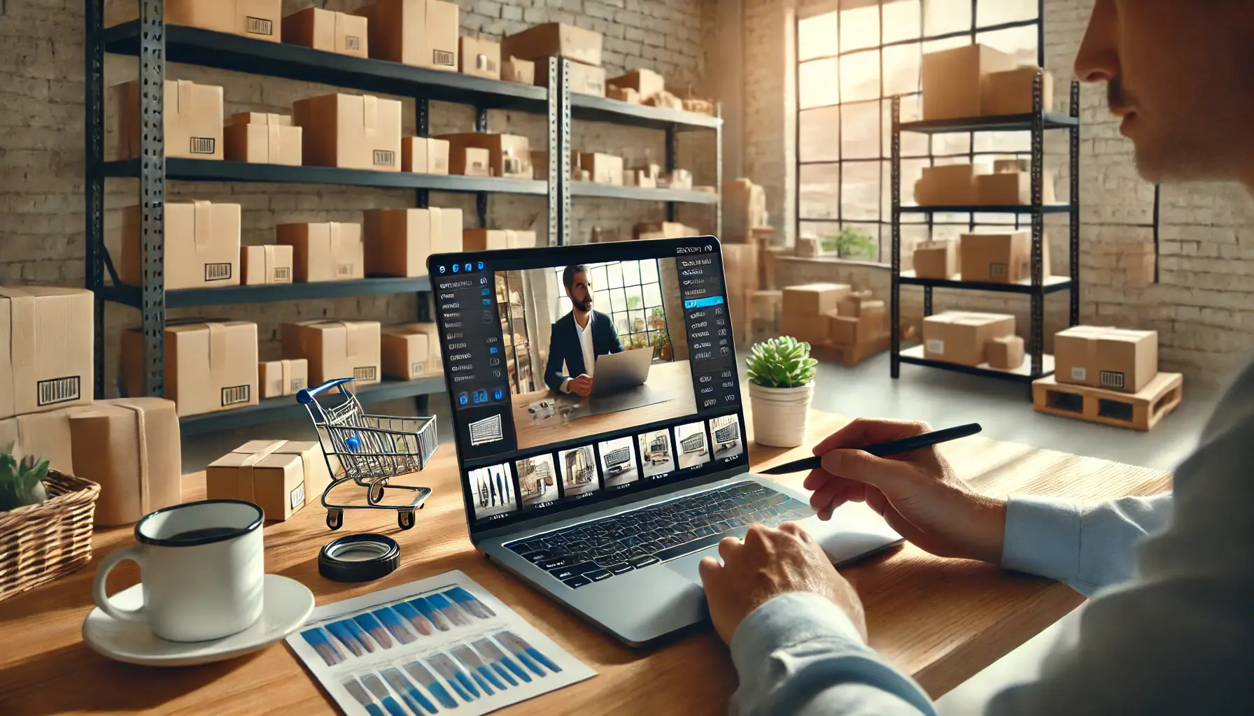 A small business owner using a laptop to enhance product images with AI tools in a neatly organized workspace with products and packaging materials.