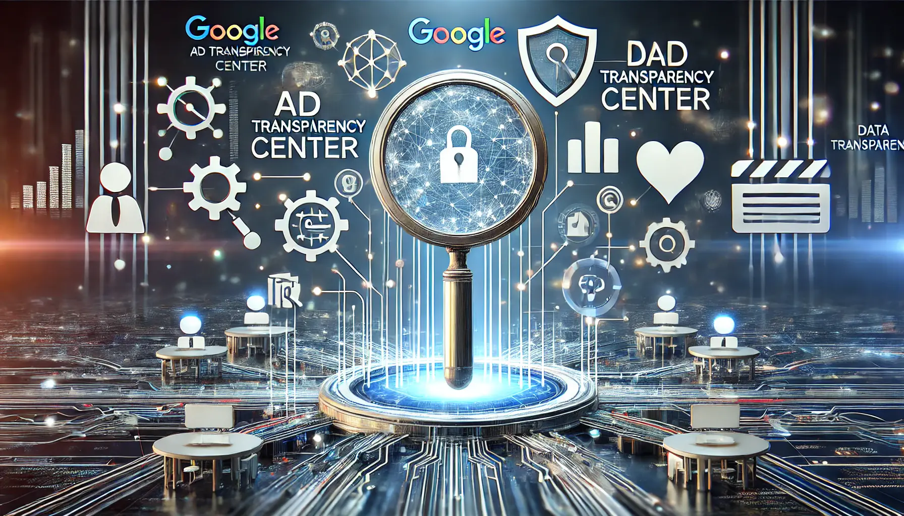 A conceptual illustration of Google's Ad Transparency Center emphasizing transparency, security, and user empowerment in a digital landscape.