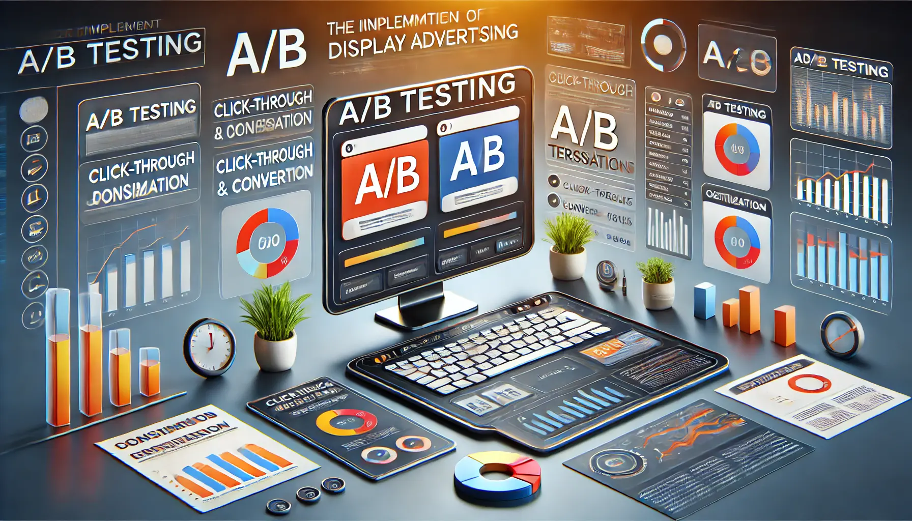 A digital workspace showcasing two ad variations being tested side-by-side with charts and metrics for click-through and conversion rates.