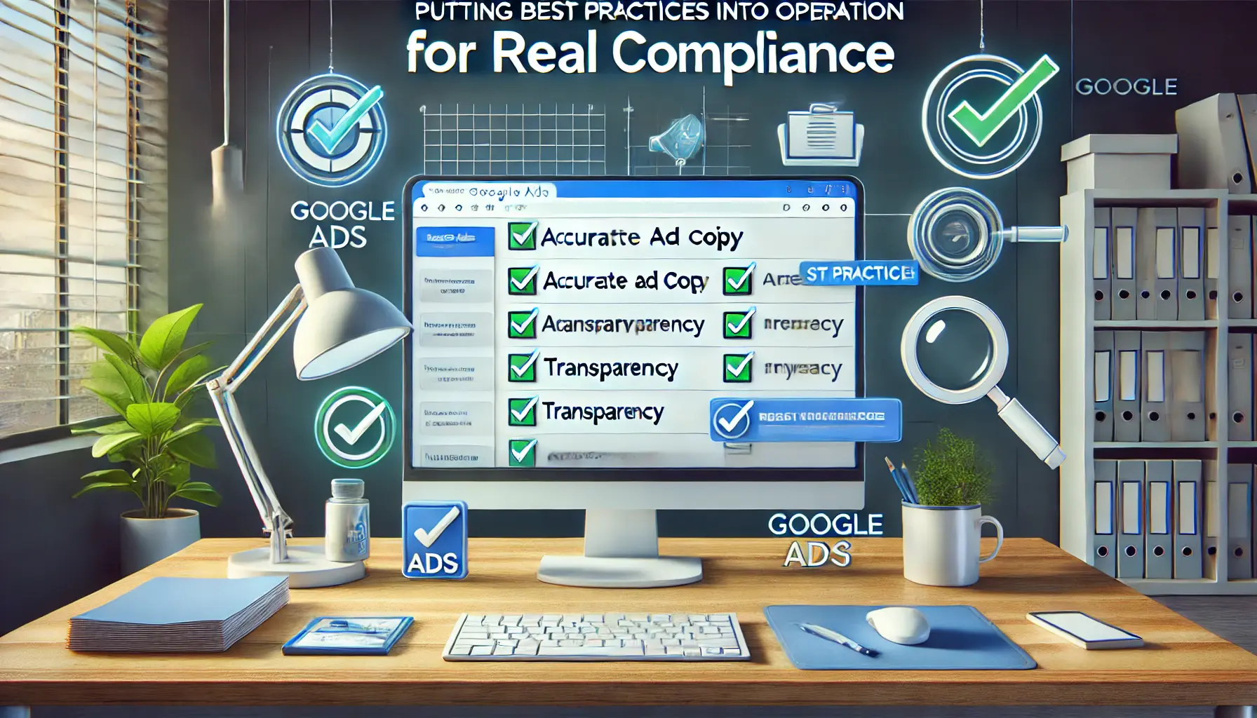 A modern office with a computer displaying a Google Ads dashboard with checklists for best practices, surrounded by symbols like a magnifying glass and document with a stamp for approval.