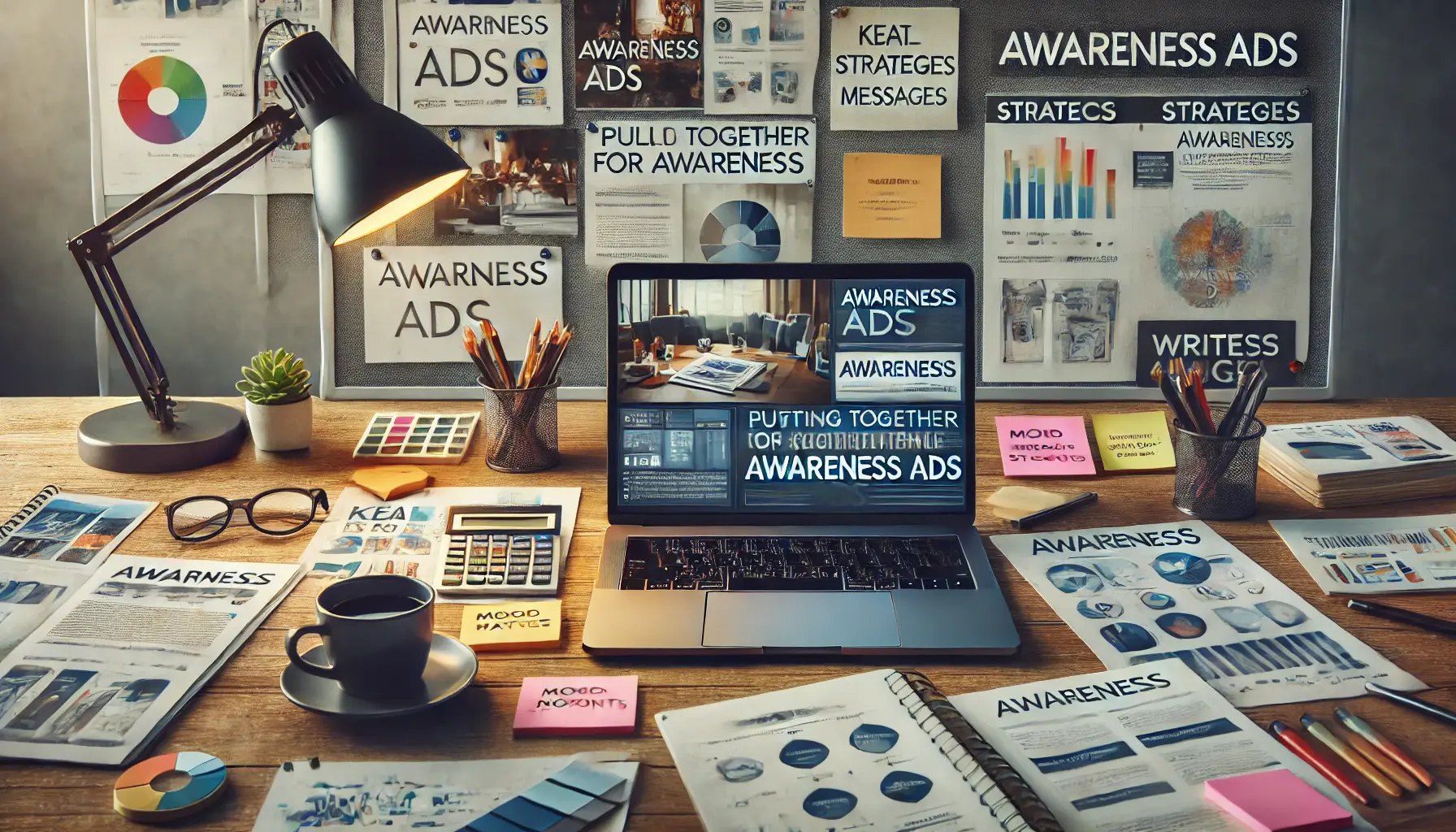 A creative workspace with a laptop displaying an ad campaign, mood boards, sticky notes, and reports, focused on crafting effective awareness ads.