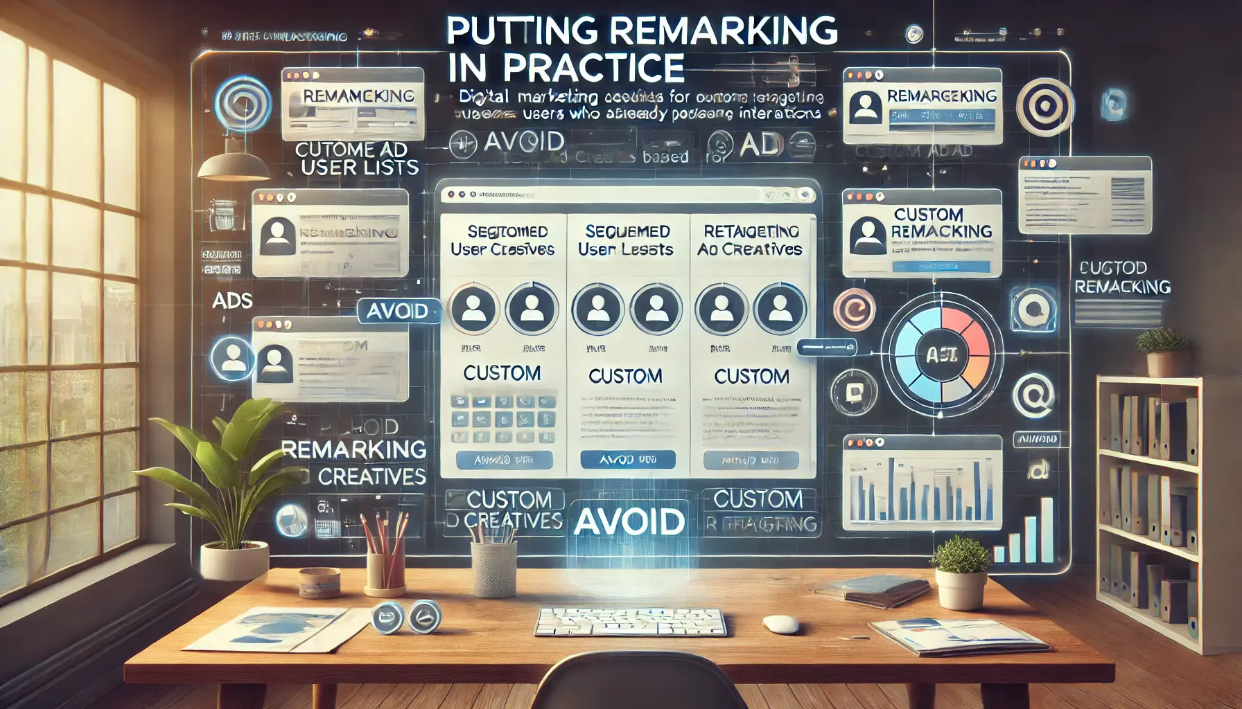 A digital marketing dashboard showcasing a remarketing campaign with user segmentation and custom ad creatives.