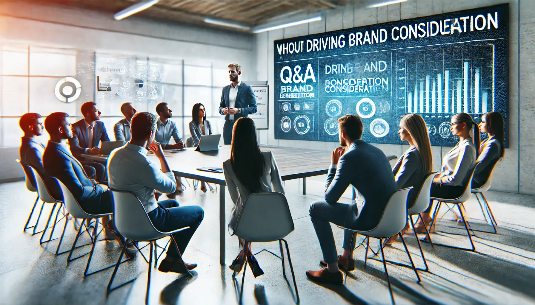 A group of professionals engaging in a Q&A session about strategies for driving brand consideration, with a marketing expert leading the discussion.