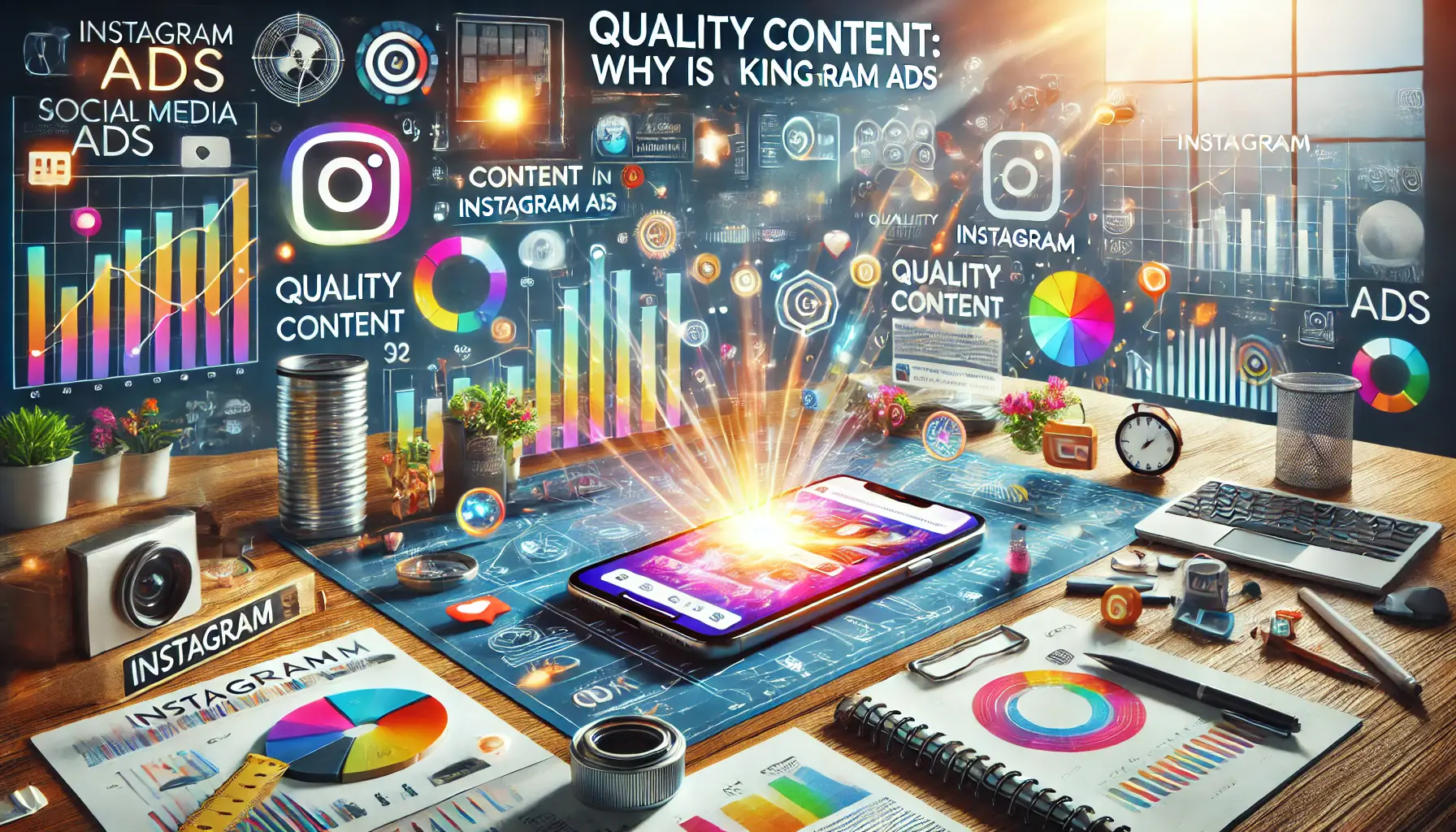 A creative workspace featuring a smartphone displaying an Instagram ad, surrounded by colorful charts, analytics graphs, and vibrant elements, symbolizing quality in social media marketing.