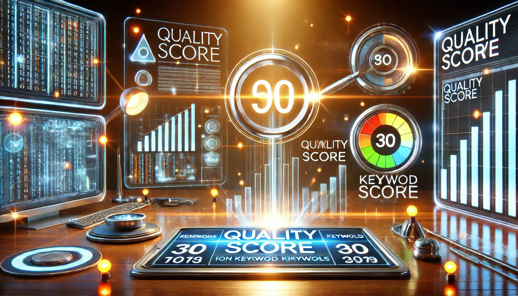 Illustration of Quality Score's impact on keywords, featuring performance metrics, progress bars, and scoring indicators in a futuristic workspace.