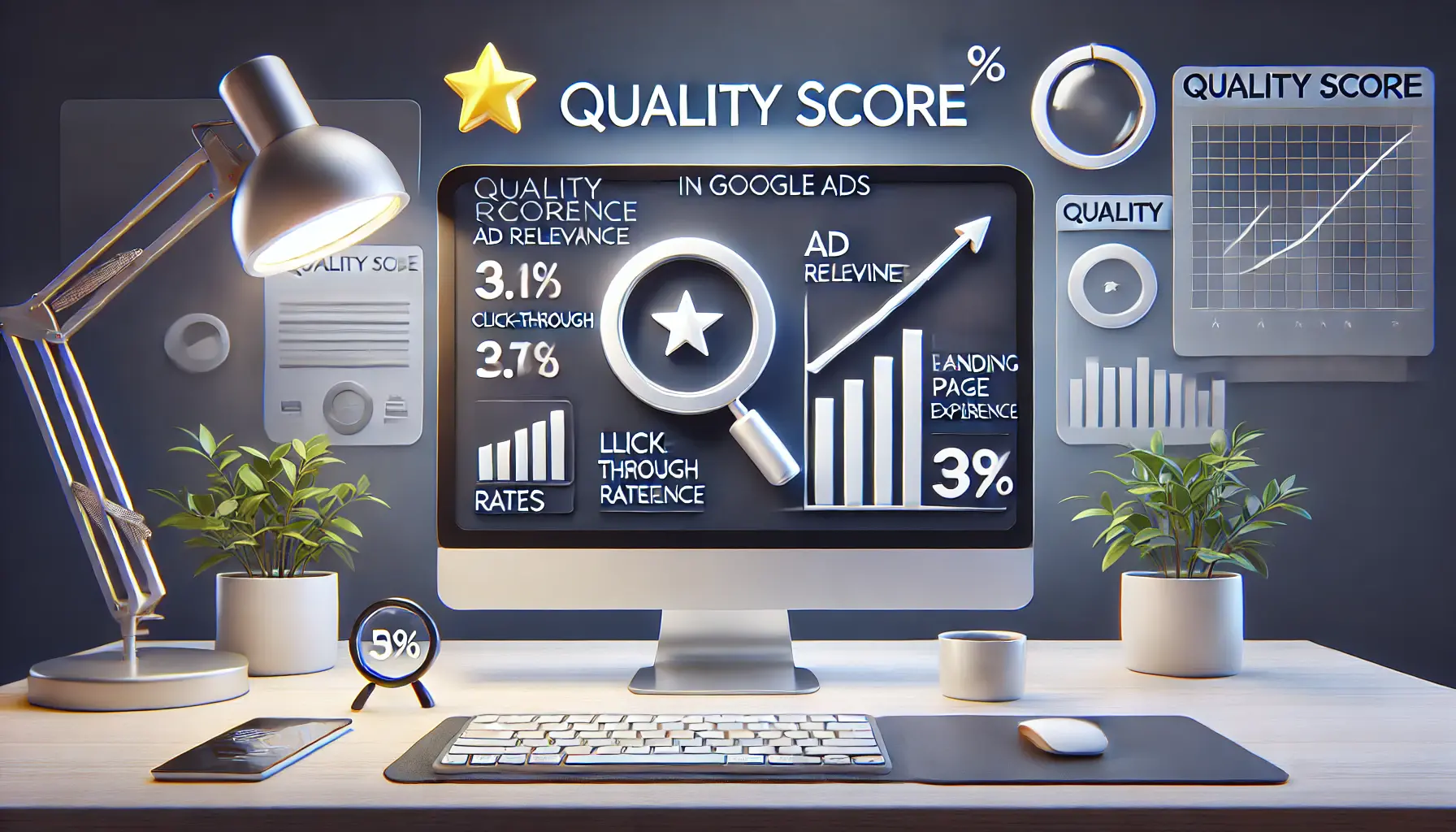 A workspace with a desktop screen displaying an analytics dashboard highlighting Quality Score metrics like ad relevance and click-through rates.