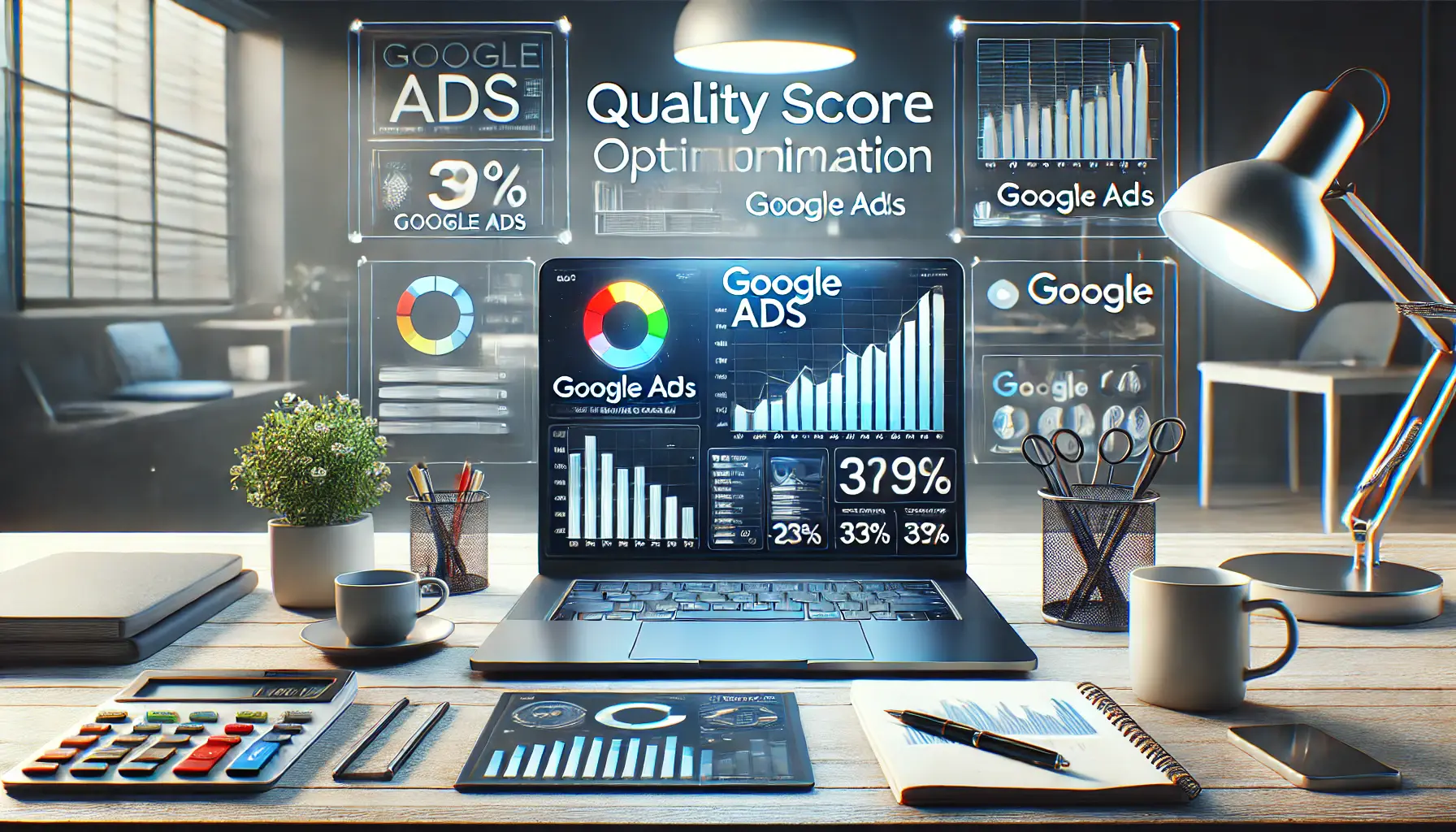 A sleek digital marketing-themed setup showcasing Google Ads metrics and analytics with a laptop and data visualizations.