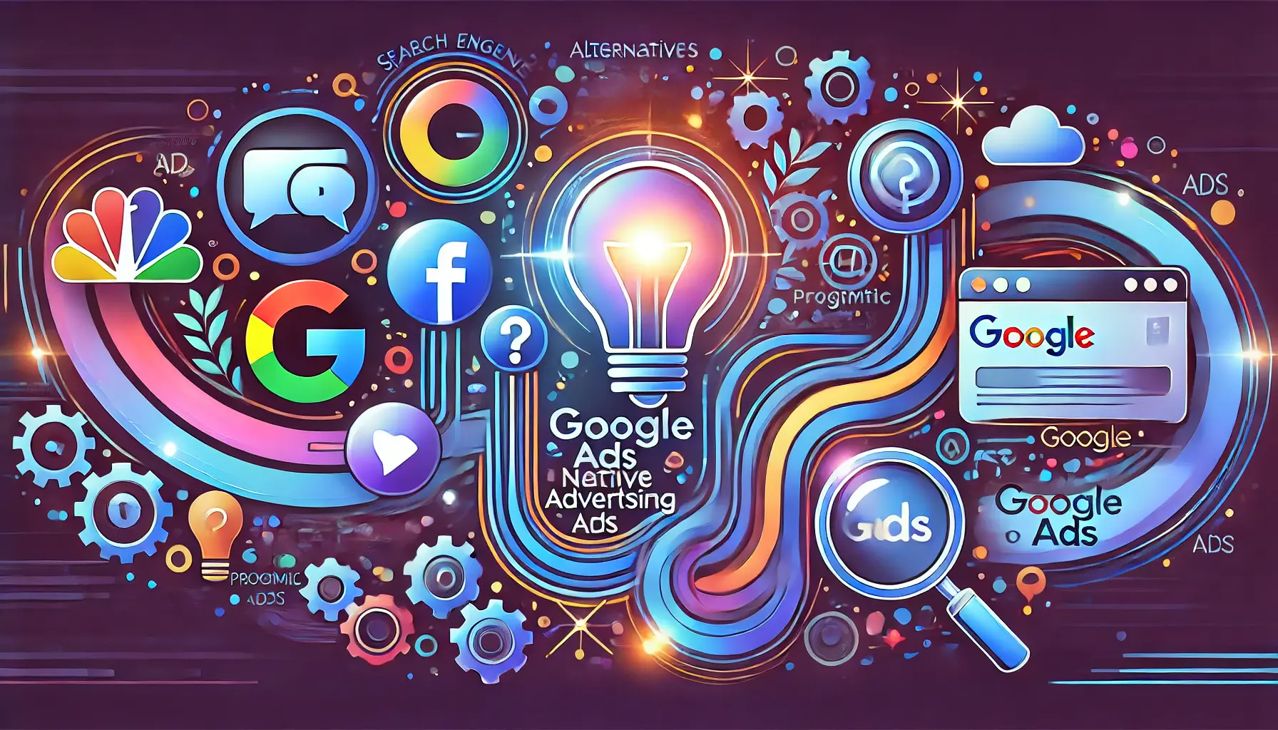 An abstract illustration representing questions and answers about alternatives to Google Ads, featuring icons for search engines, social media, and programmatic platforms, connected by dynamic lines.