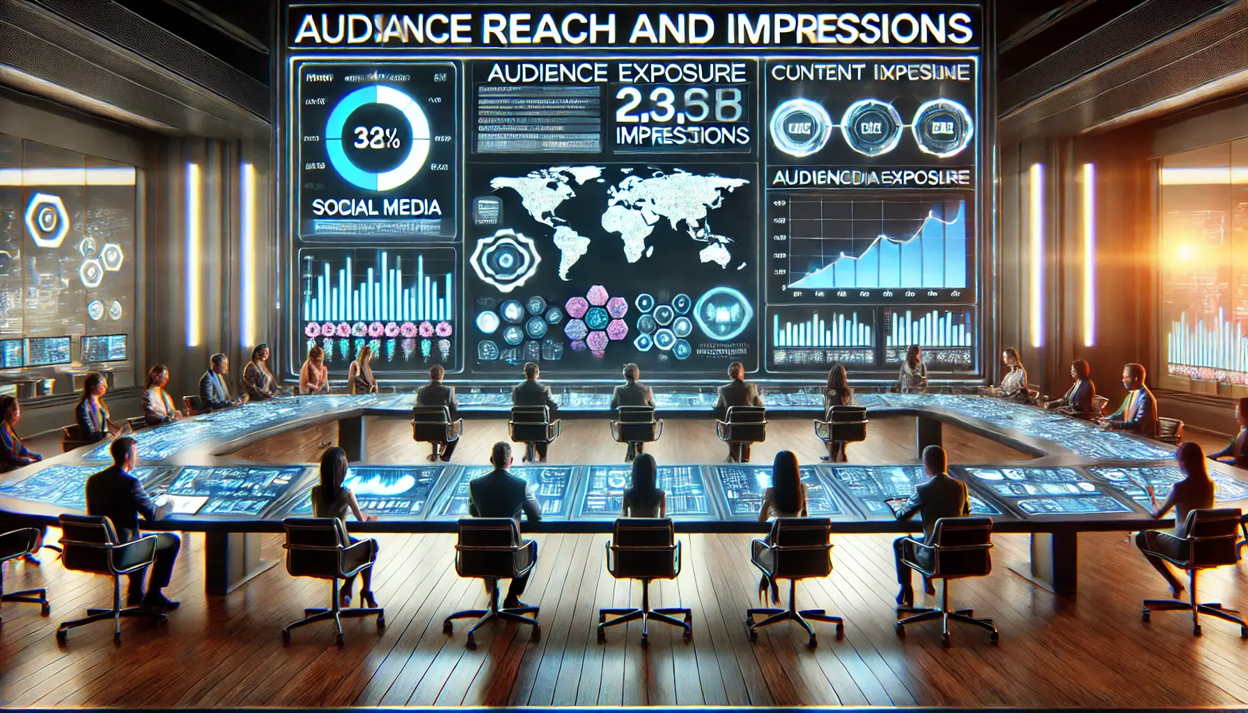 A futuristic digital analytics dashboard displaying social media reach and impressions with data graphs, heatmaps, and interactive audience exposure metrics.