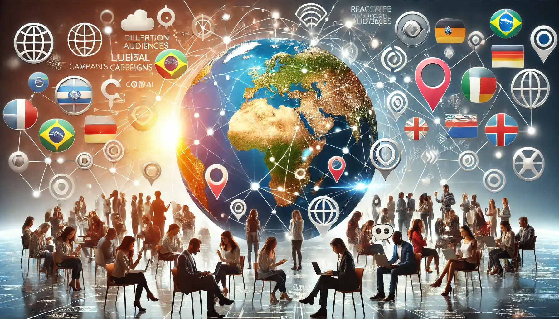 A depiction of a globe with vibrant connections and diverse individuals engaging with digital devices, symbolizing global reach and multilingual communication.