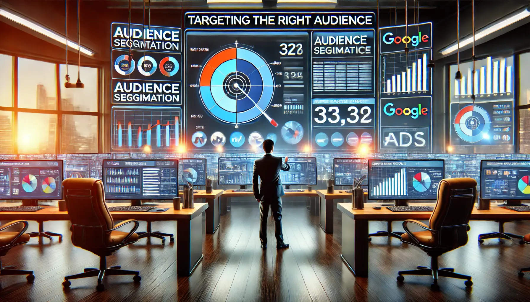 A digital marketing control room with audience segmentation data and analytics for precise targeting.