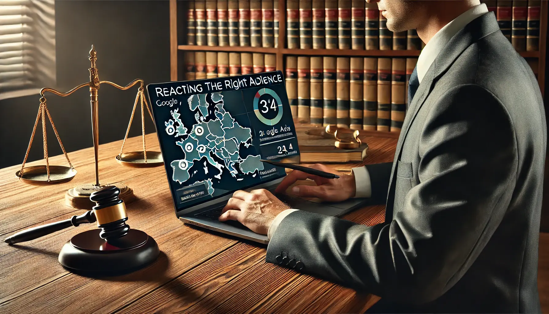 Illustration of a lawyer reviewing targeting strategies on a laptop, highlighting geographic areas and demographics, with legal elements in the background.