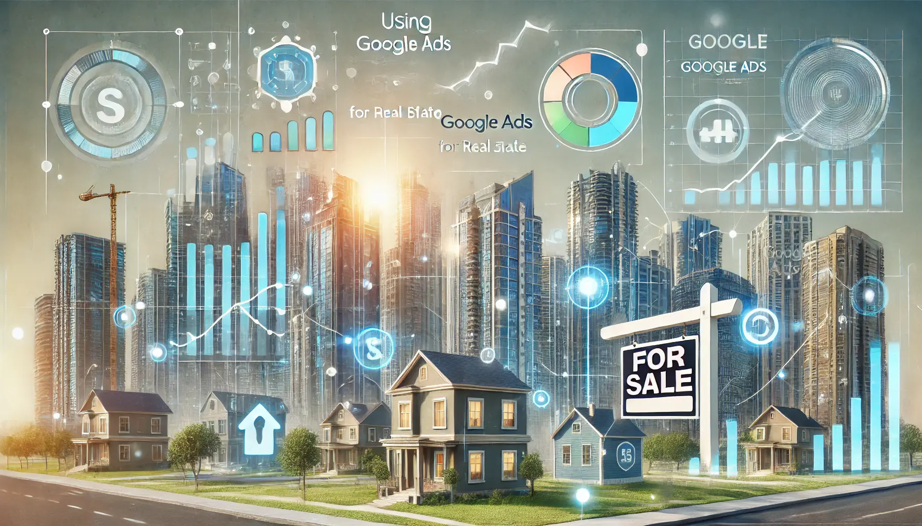 A modern urban cityscape with high-rise buildings, real estate signs, and digital marketing visuals showcasing Google Ads analytics.