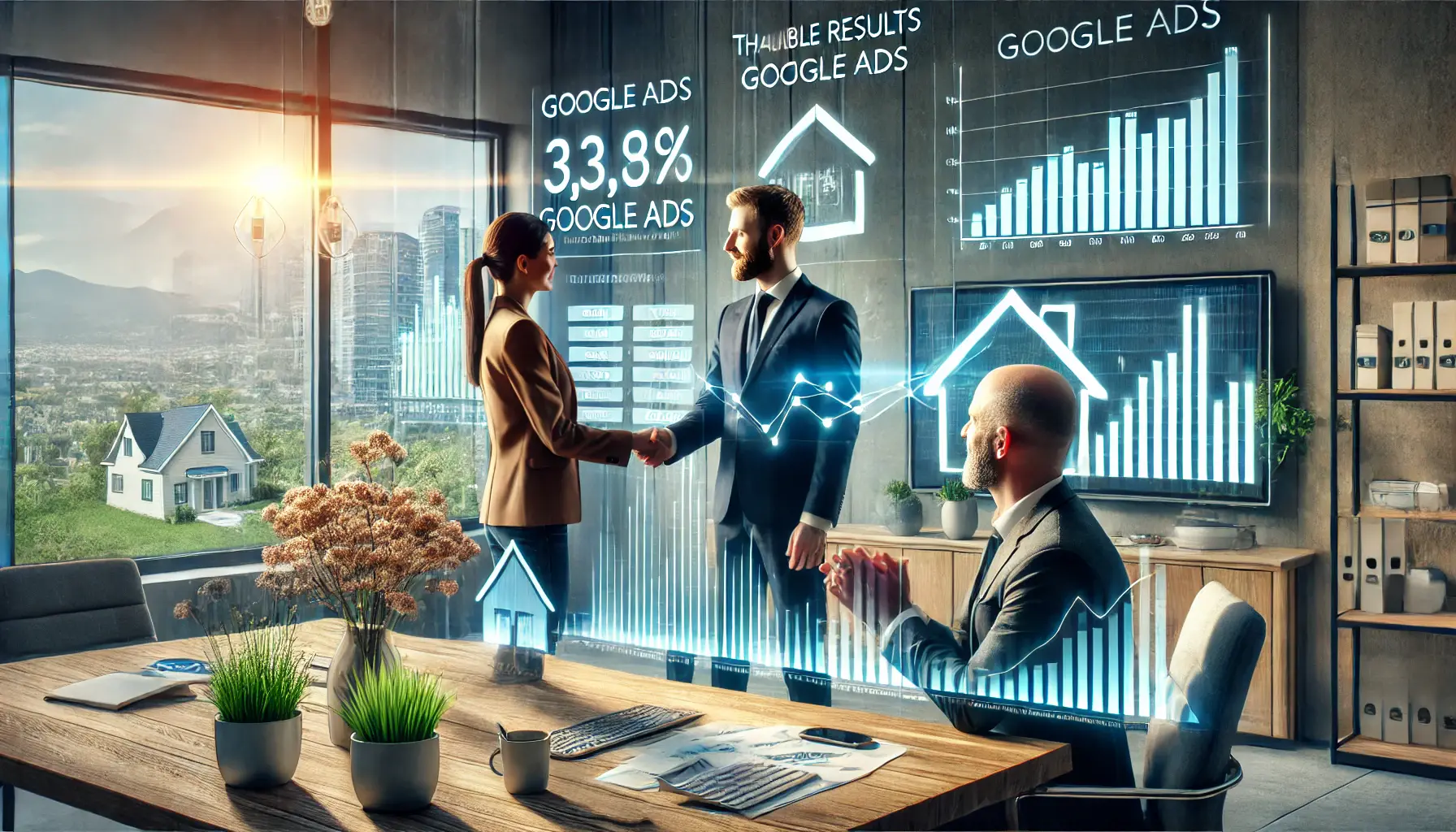 A real estate agent closing a deal with a couple in a modern office, with a digital screen in the background showing Google Ads success metrics.