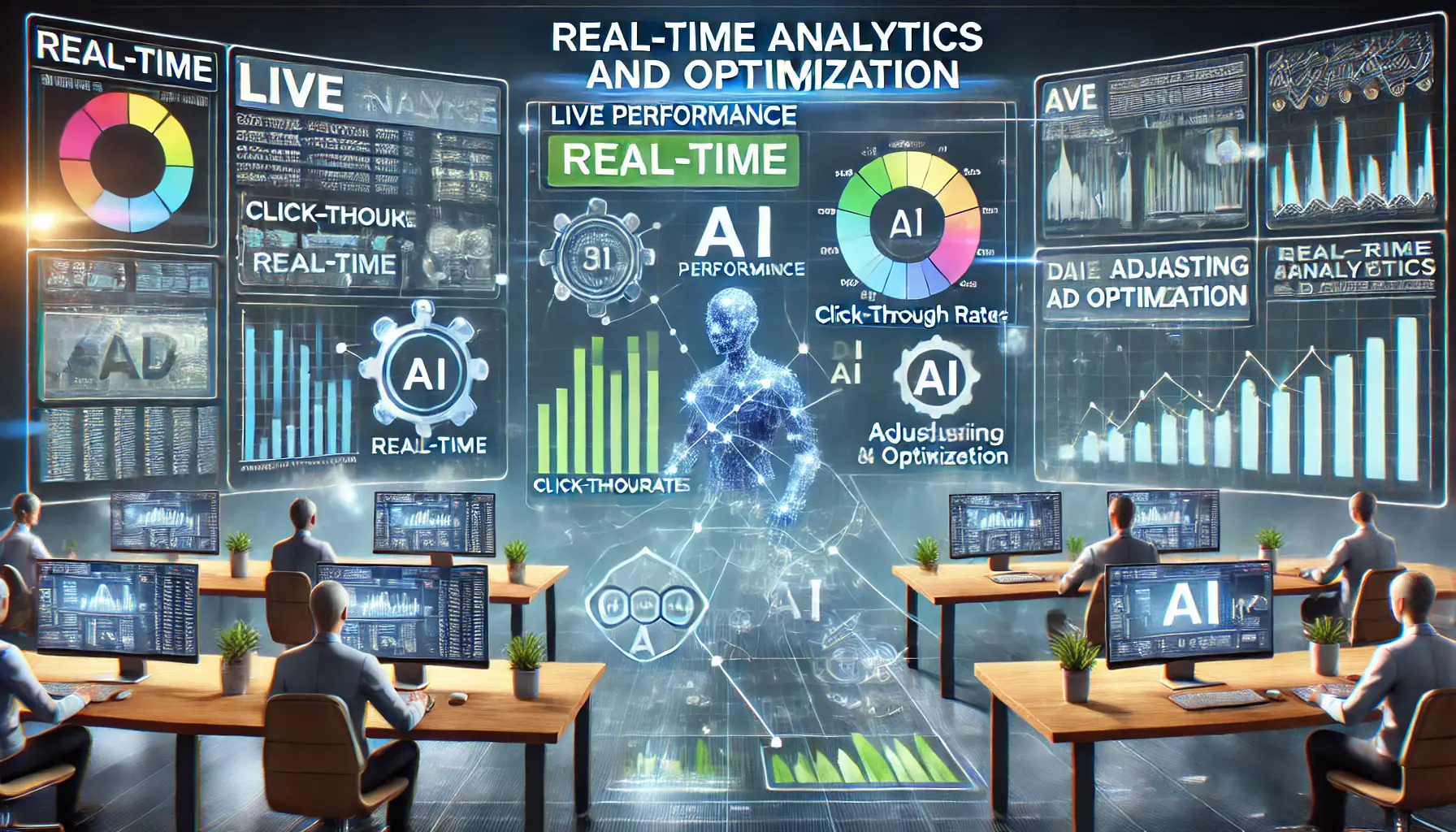 Digital dashboard with live performance data and real-time ad optimization based on analytics.