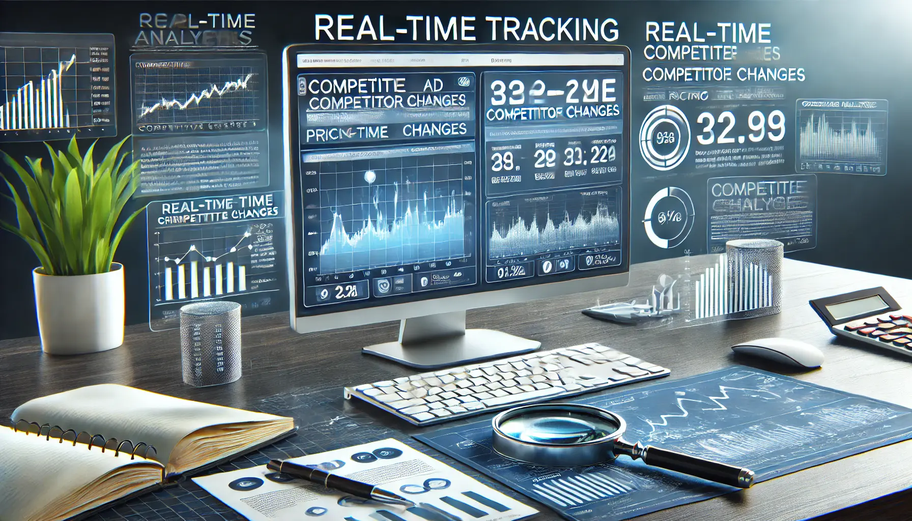 A computer screen displaying a competitive analysis dashboard with real-time data on ad campaigns, pricing changes, and market trends, accompanied by charts and graphs.