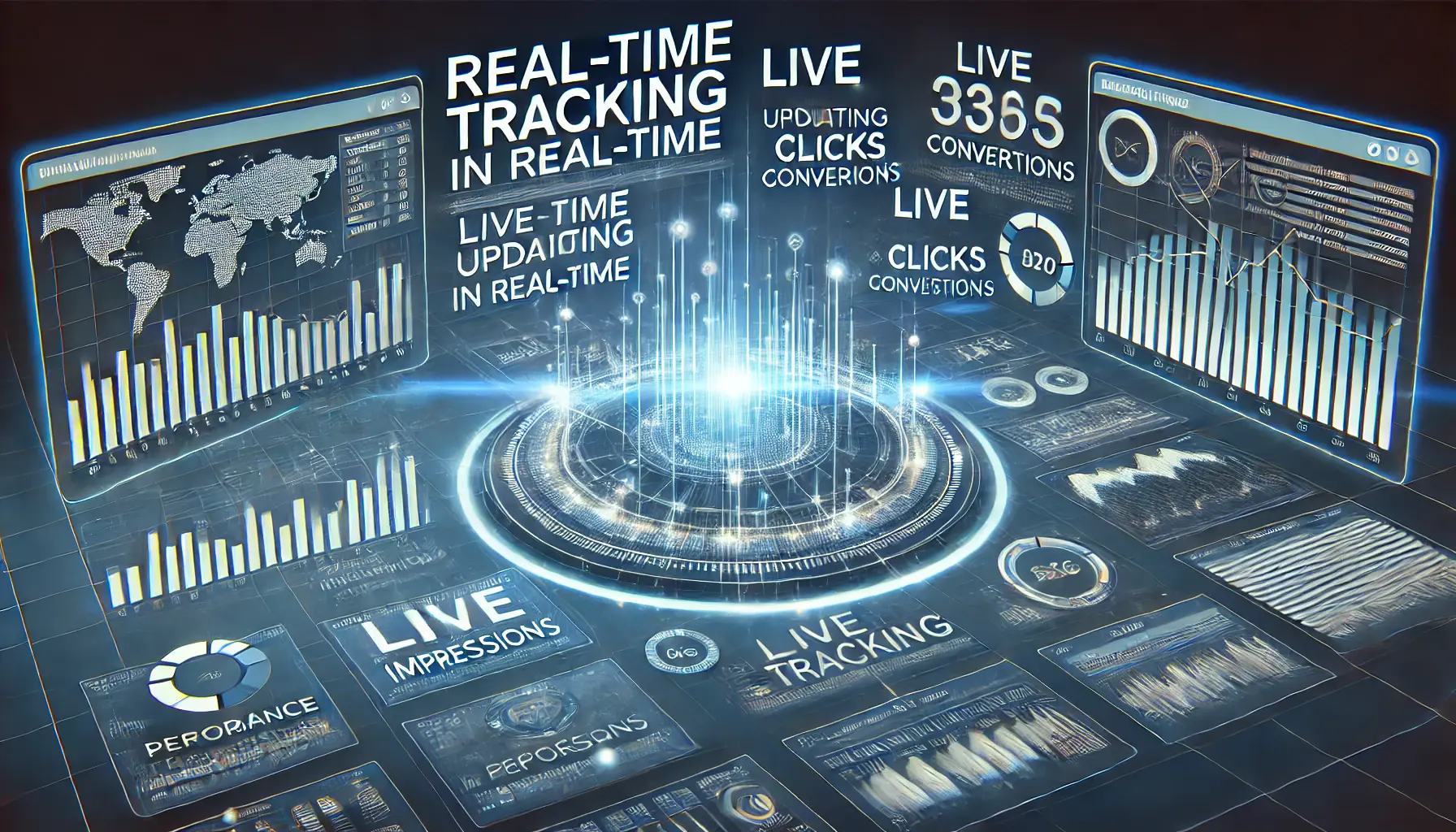 An image showing a digital dashboard with live data, including real-time updating graphs and charts for metrics like impressions, clicks, and conversions.