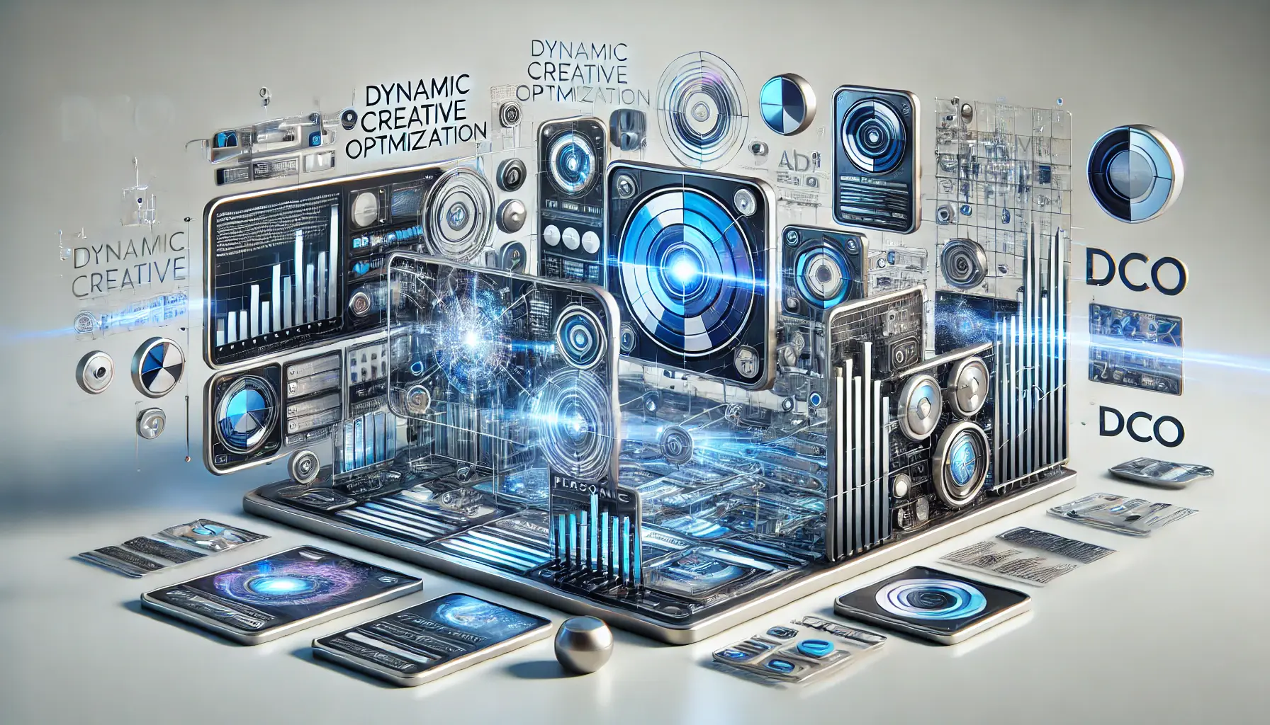 Abstract illustration showing real-world applications of Dynamic Creative Optimization (DCO) across platforms like e-commerce, social media, and streaming services.