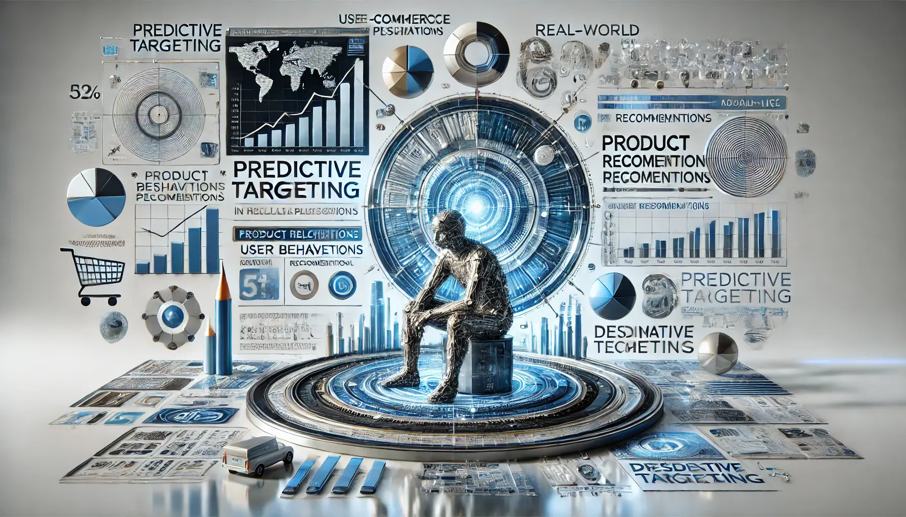 Abstract illustration showing real-world applications of predictive targeting, including e-commerce predictions, content recommendations, and personalized ad placements.