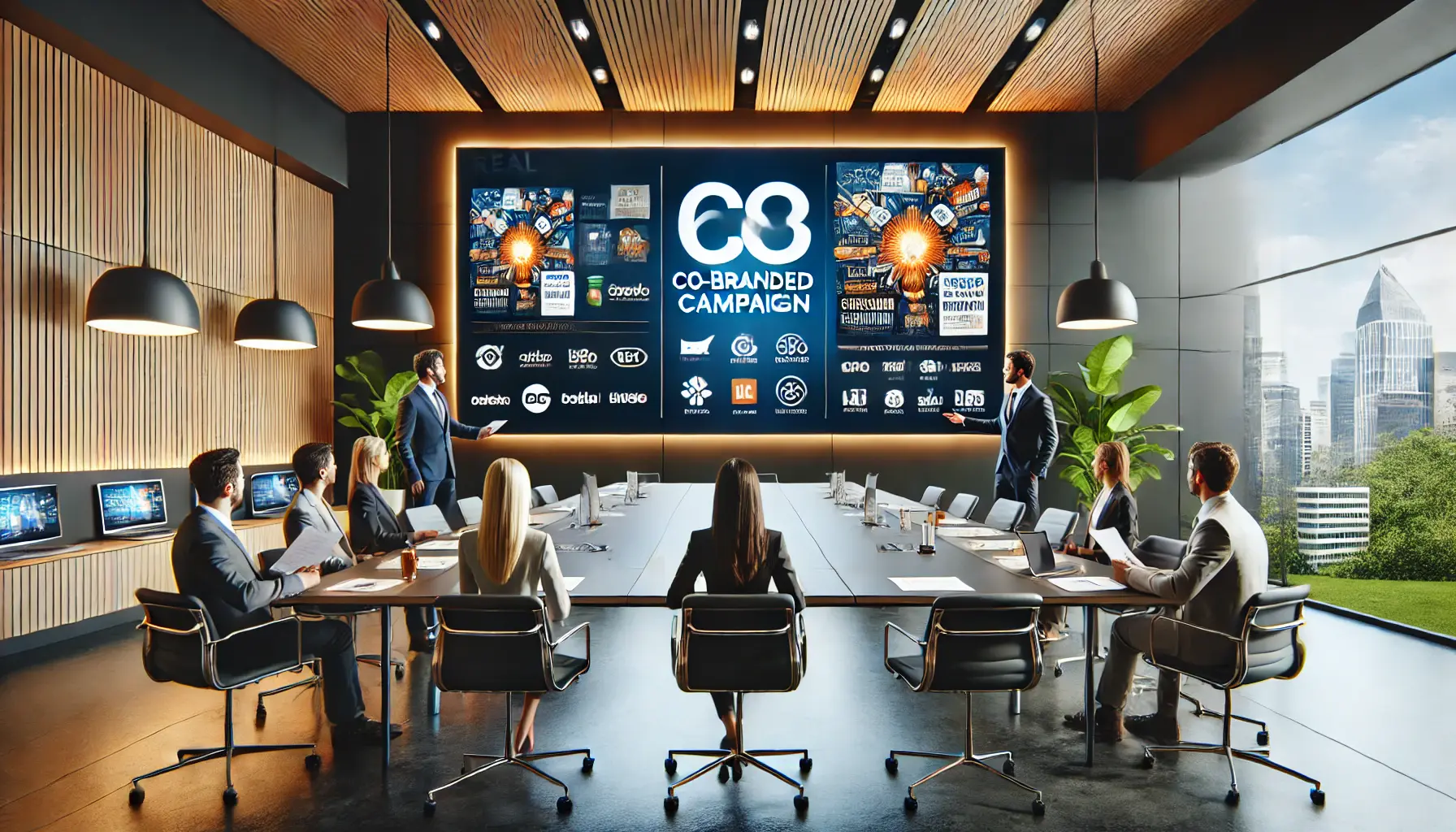 Representatives from two brands collaborating in a modern conference room with a large digital screen showcasing co-branded campaign visuals.