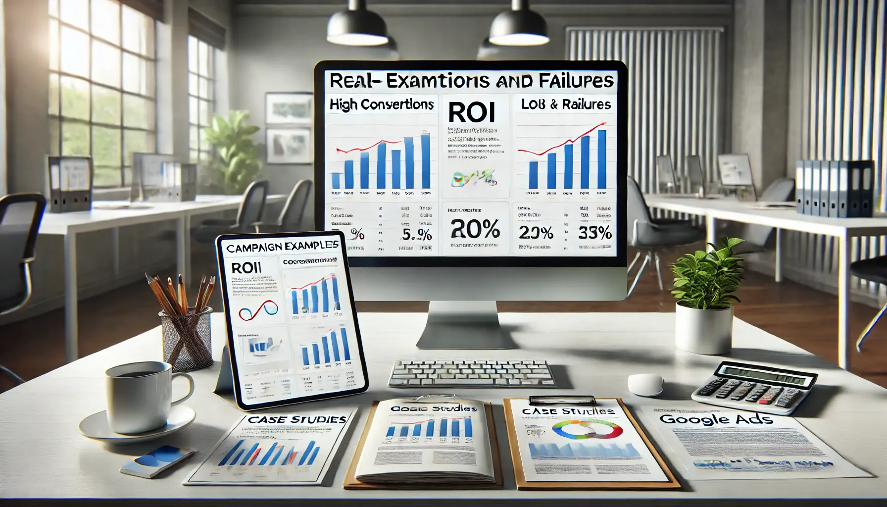 A workspace featuring a split-screen monitor showing successful and failed Google Ads campaigns, with documents and comparative charts on a tablet.