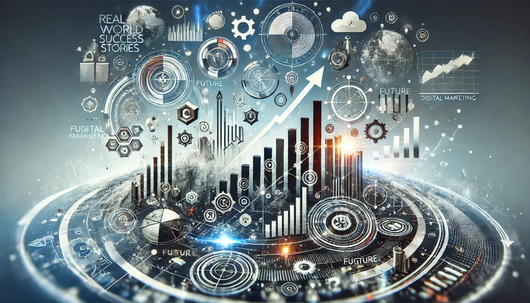 Abstract image symbolizing real-world success stories and future prospects, featuring success icons, business growth graphs, and futuristic tools.