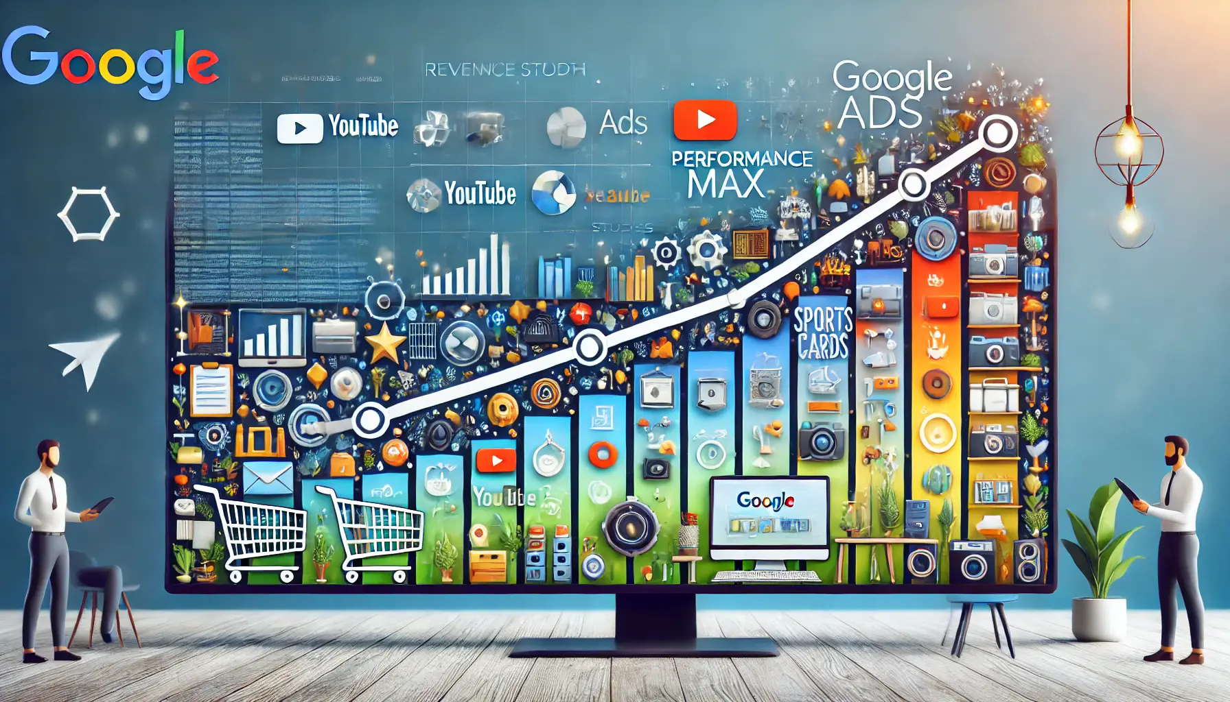 A professional illustration showing a growing line graph and icons representing successful case studies from Google Ads Performance Max campaigns, including a sports card retailer, a furniture store, and a camera equipment seller.