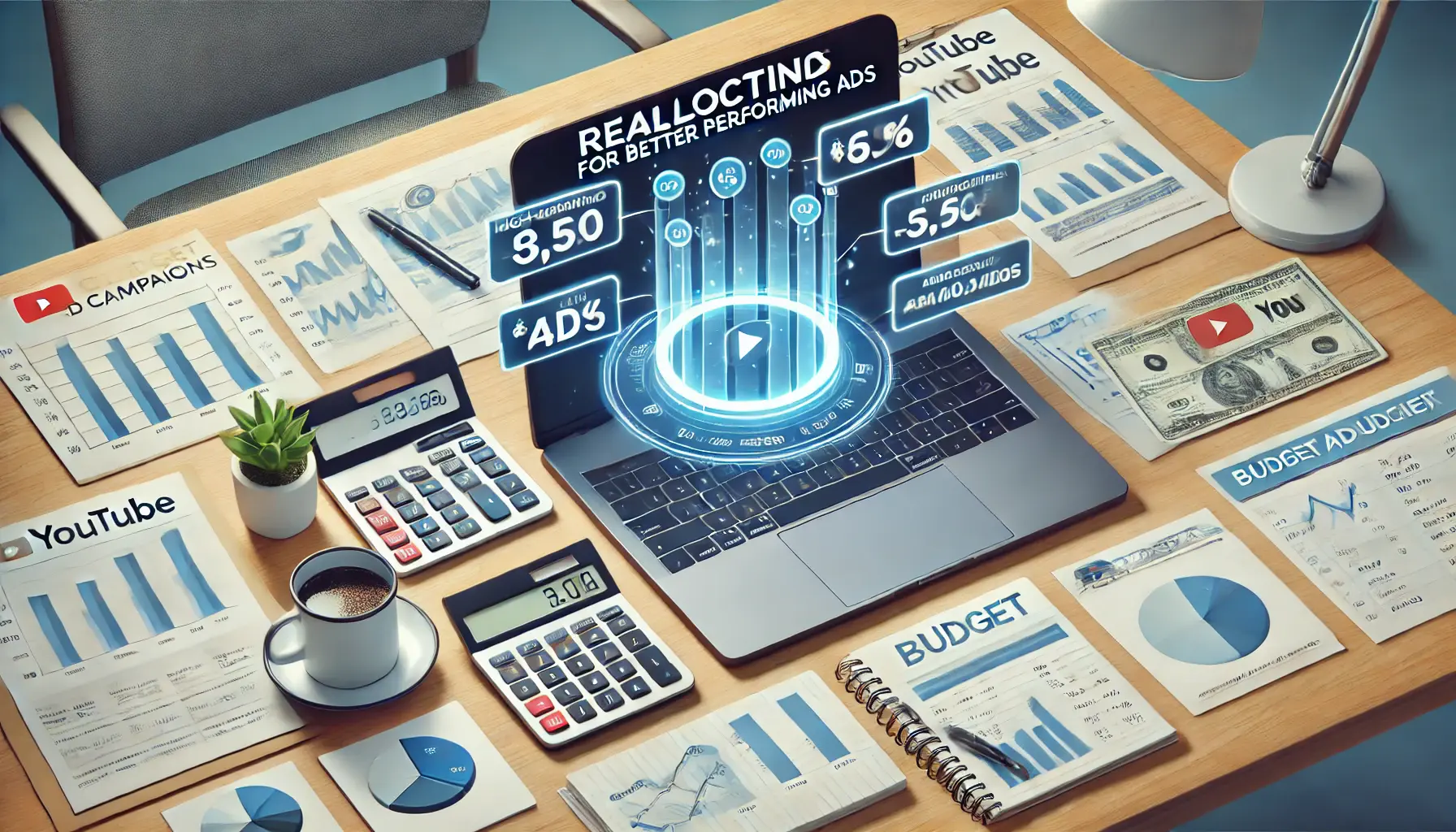 A workspace with a laptop displaying a performance dashboard showing high-performing ads, with financial charts, a calculator, and notes on budget adjustments, symbolizing reallocating funds for better ads.