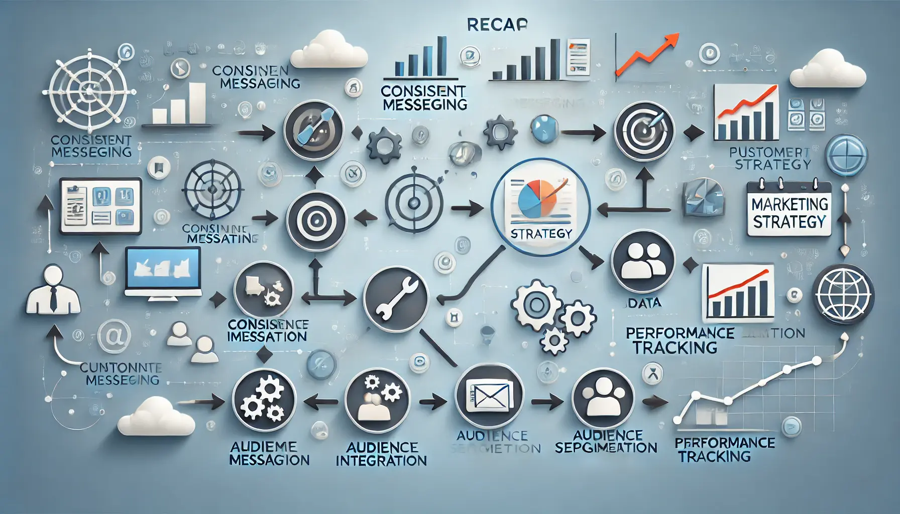 An image illustrating the recap of key marketing components such as consistent messaging, data integration, audience segmentation, and performance tracking, all interconnected.