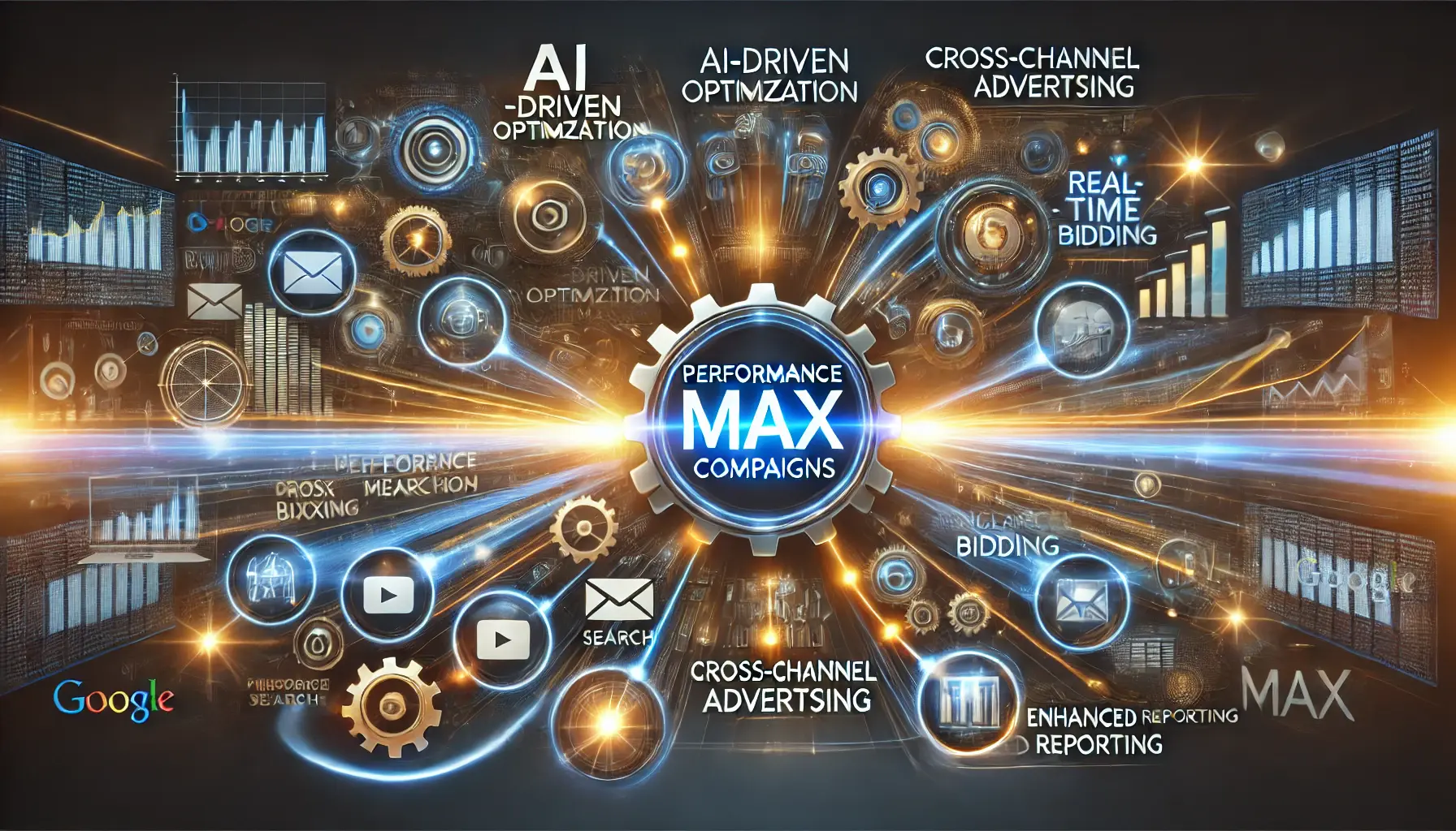 A visual recap of the key features of Performance Max campaigns, showcasing AI-driven optimization, cross-channel advertising, and enhanced reporting.