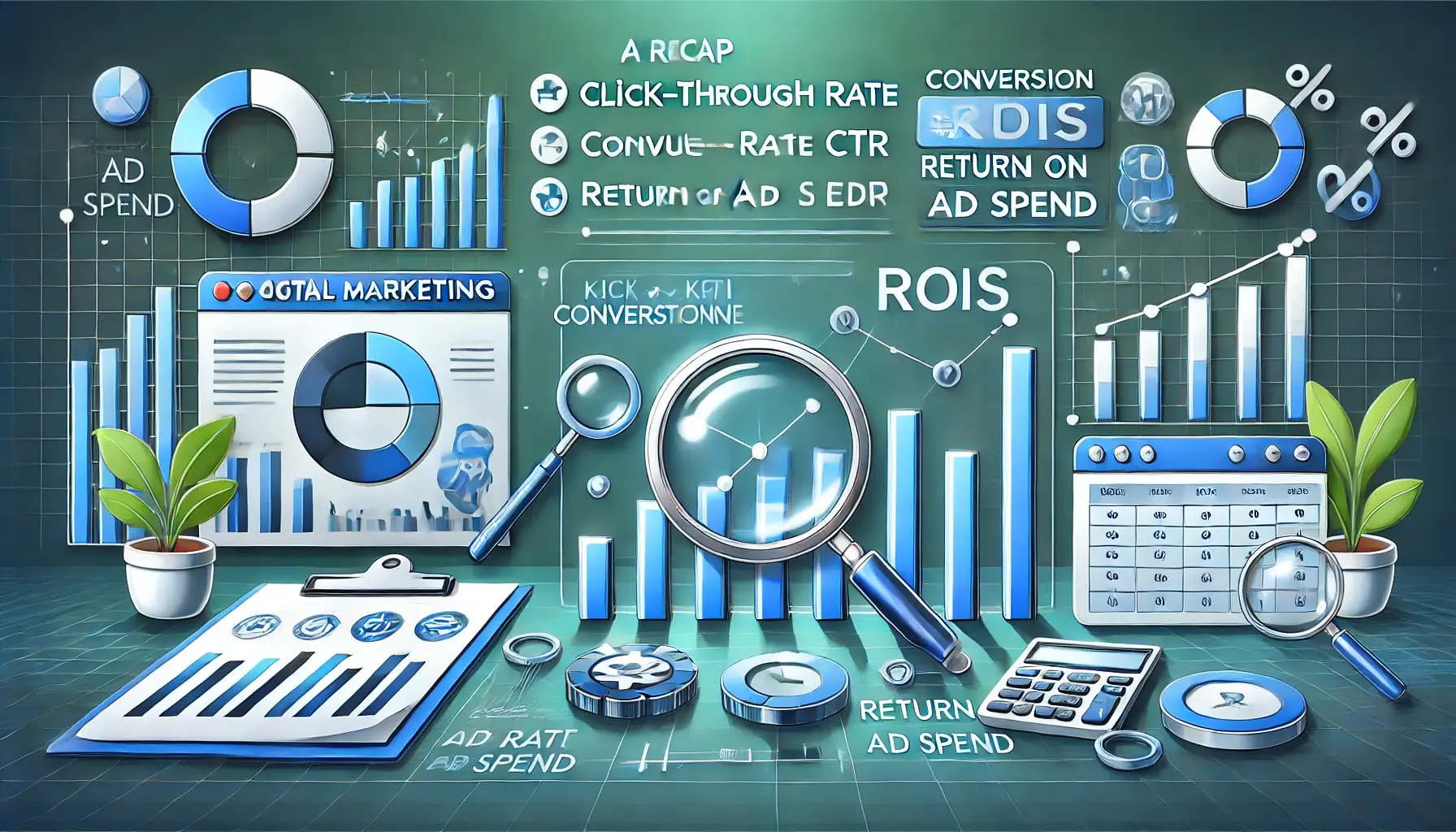 A digital marketing scene showing a dashboard with key performance indicators (KPIs) like CTR, conversion rate, and ROAS, represented by graphs and data points.