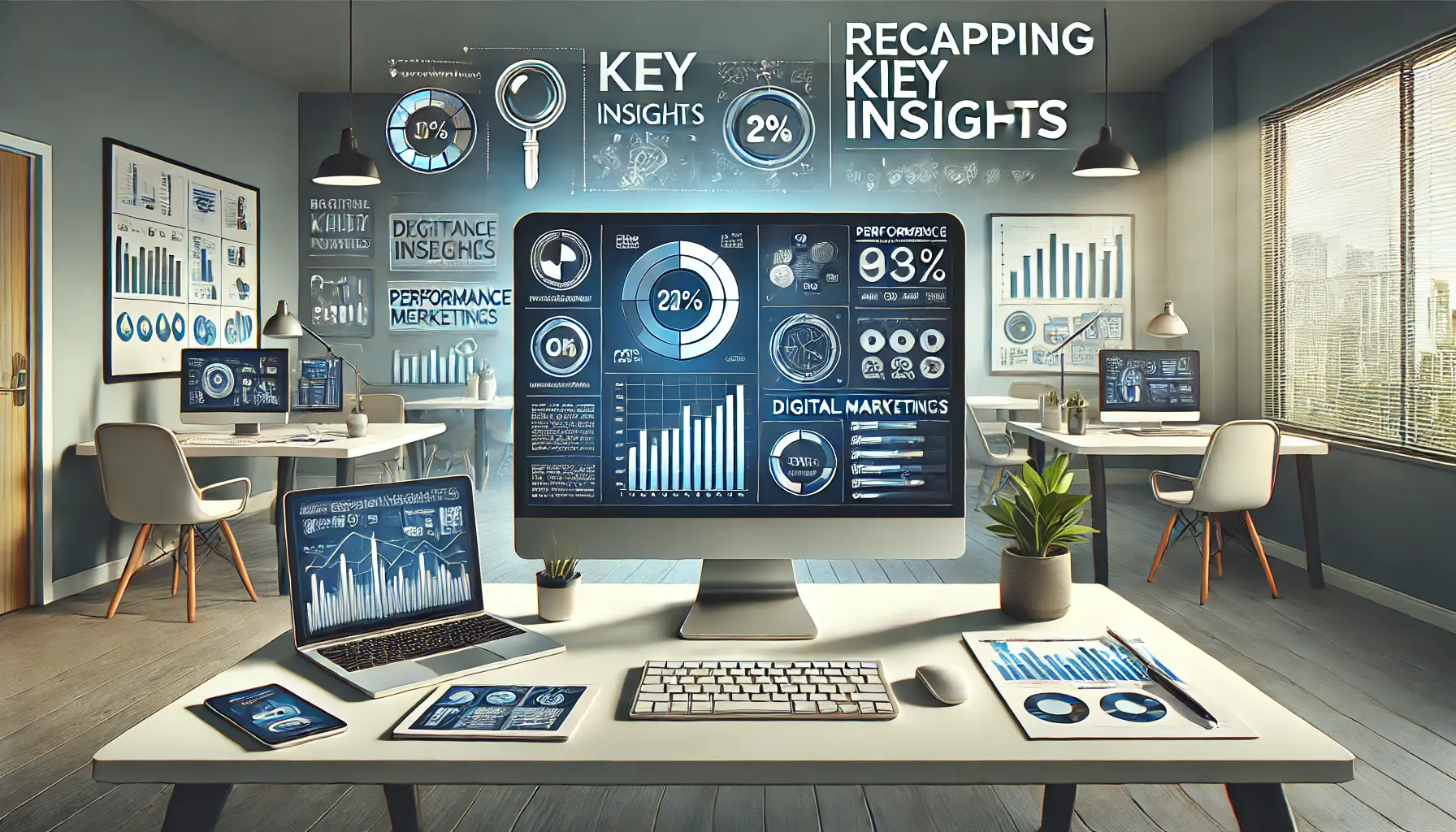 A digital illustration of a modern office workspace with a computer screen displaying key insights from a digital marketing campaign, including graphs, performance metrics, and charts.